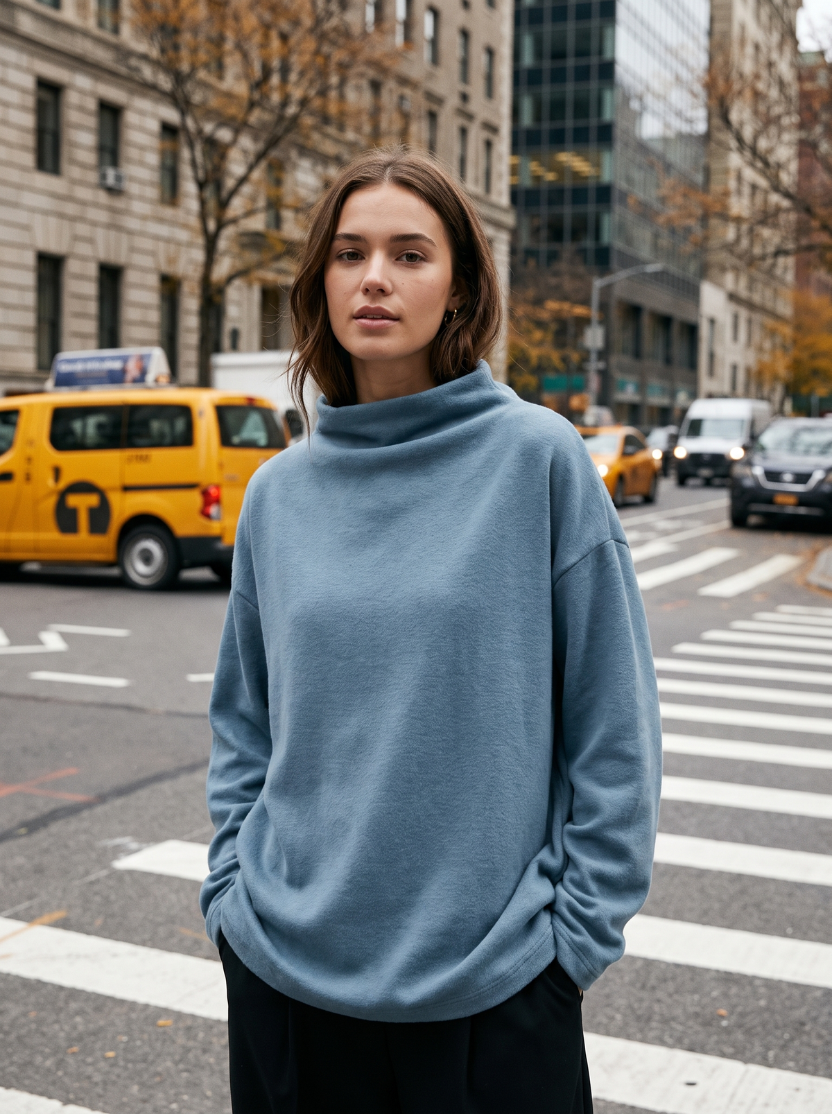 Hesper blue oversized roll neck knit top worn by a model at a city crosswalk in autumn