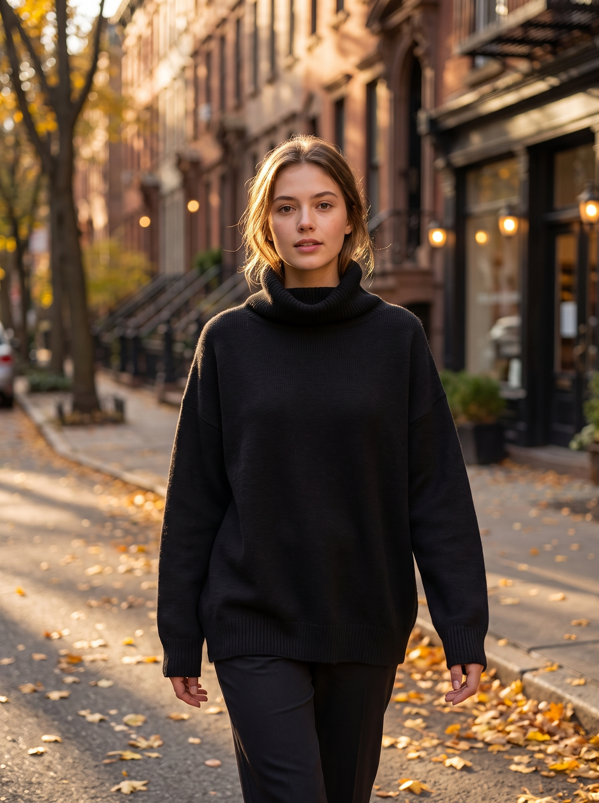 Hesper black oversized roll neck knit top worn by a model walking a leafy city street in autumn