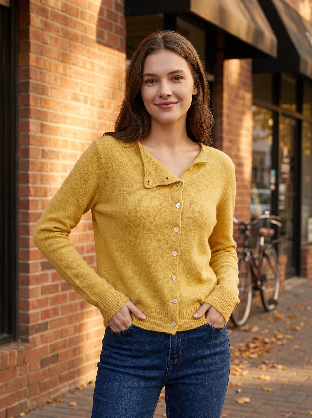 Henriette yellow v neck cardigan worn by a model against a brick city facade in autumn
