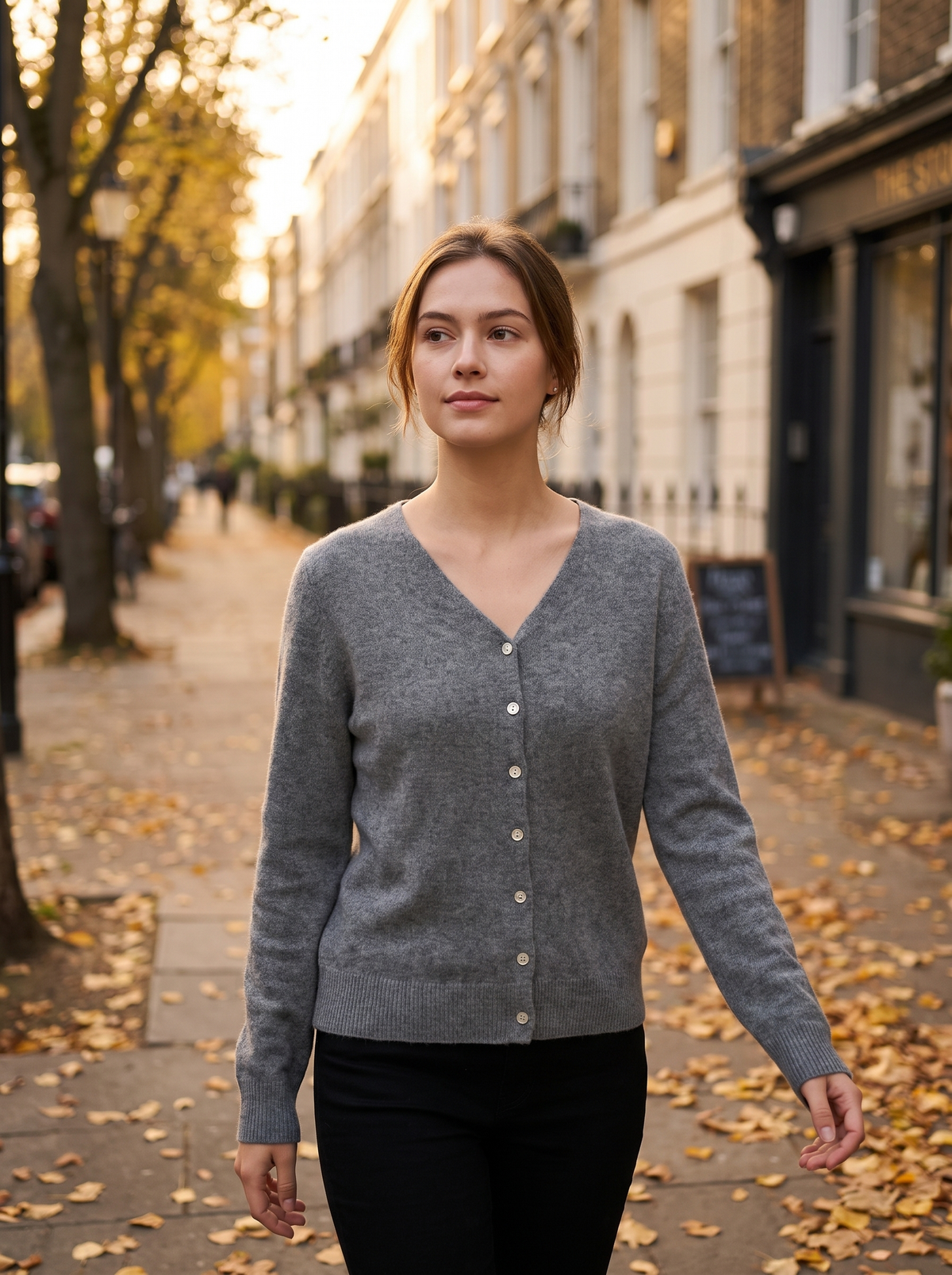 Henriette grey v neck cardigan worn by a model walking a leafy city street in autumn
