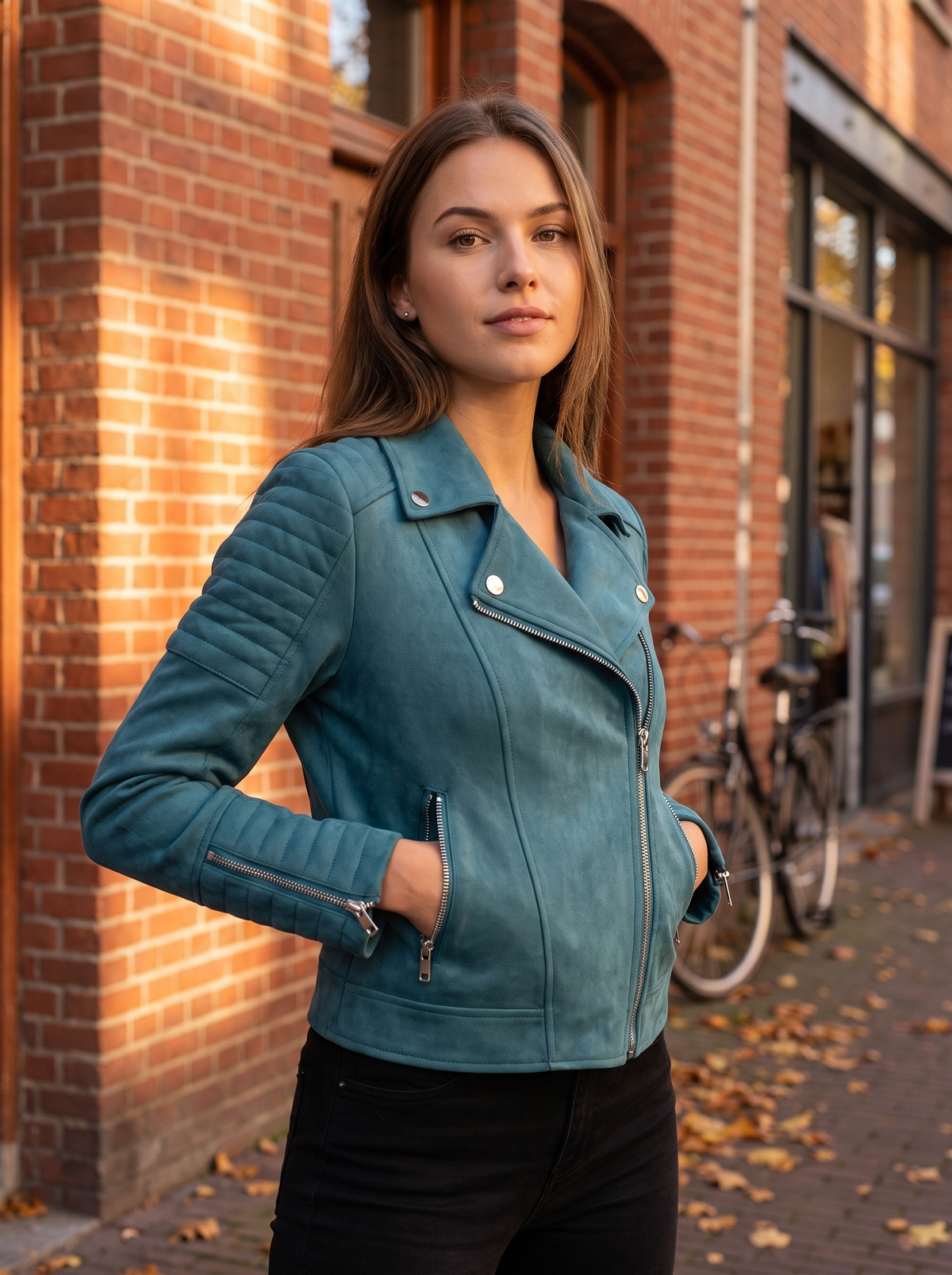Romilly blue suede moto jacket worn by a model against a brick city facade in autumn