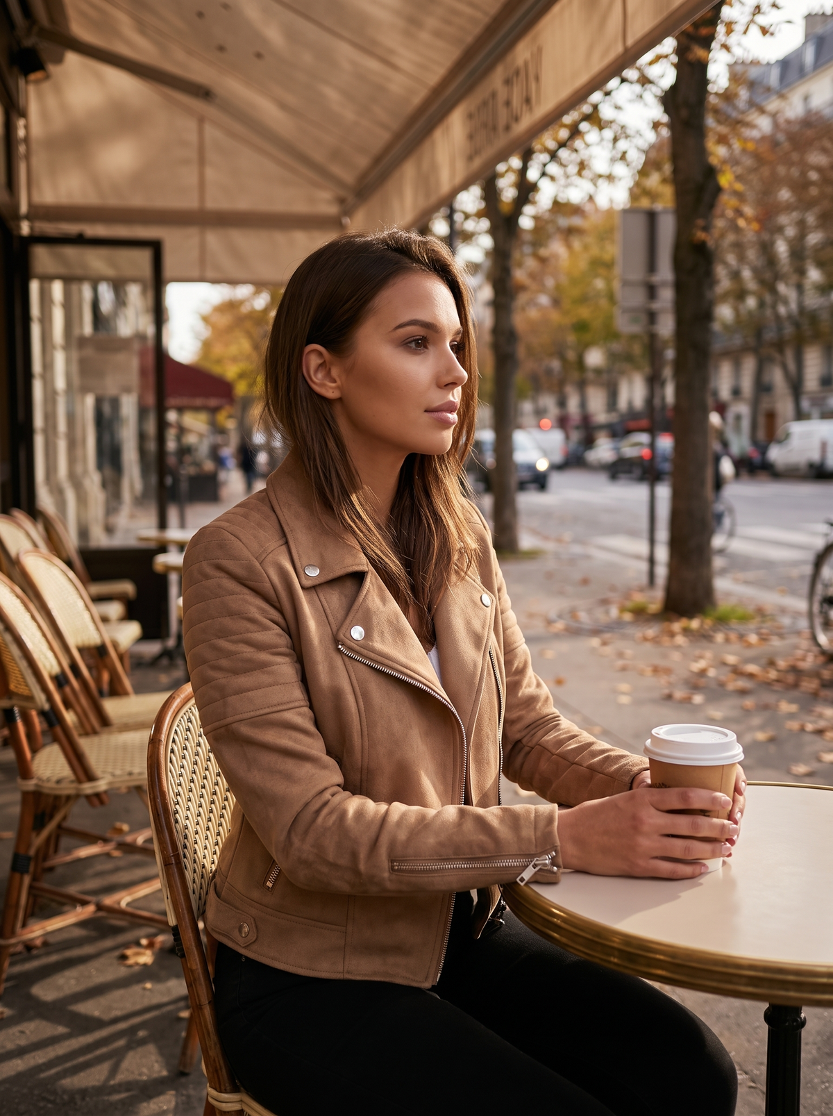 Romilly beige suede moto jacket worn by a model at an outdoor city cafe in autumn