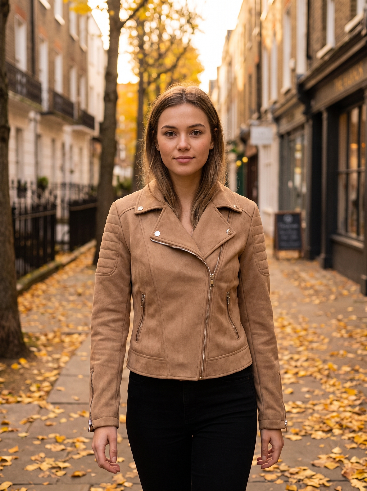 Romilly beige suede moto jacket worn by a model walking a leafy city street in autumn