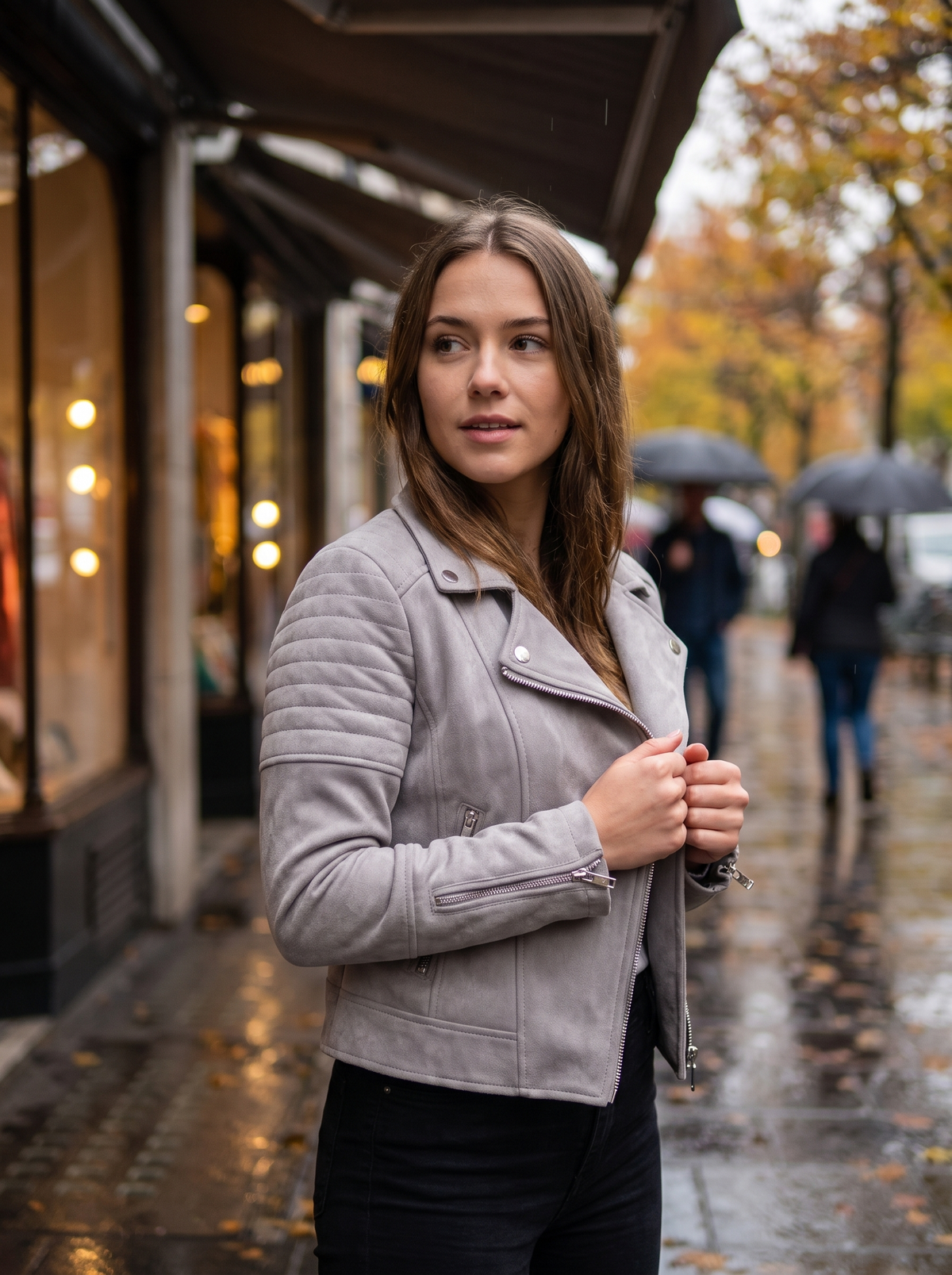 Romilly grey suede moto jacket worn by a model under a shop awning on a rainy street in autumn