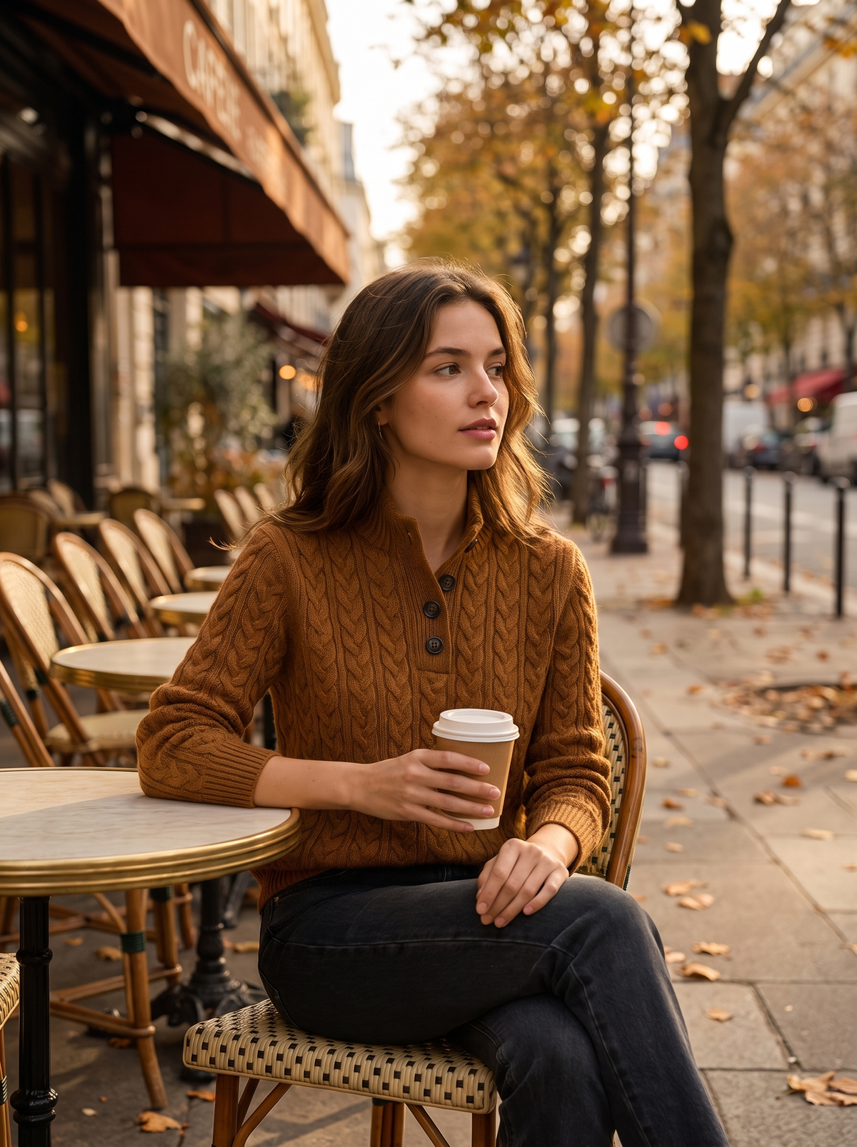Lavinia vintage print cable knit sweater worn by a model at an outdoor city cafe in autumn