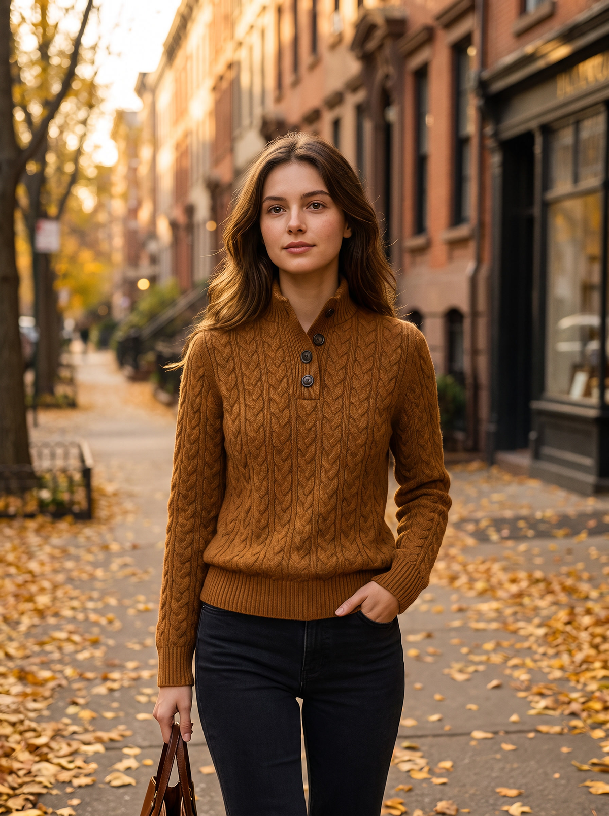 Lavinia vintage print cable knit sweater worn by a model walking a leafy city street in autumn
