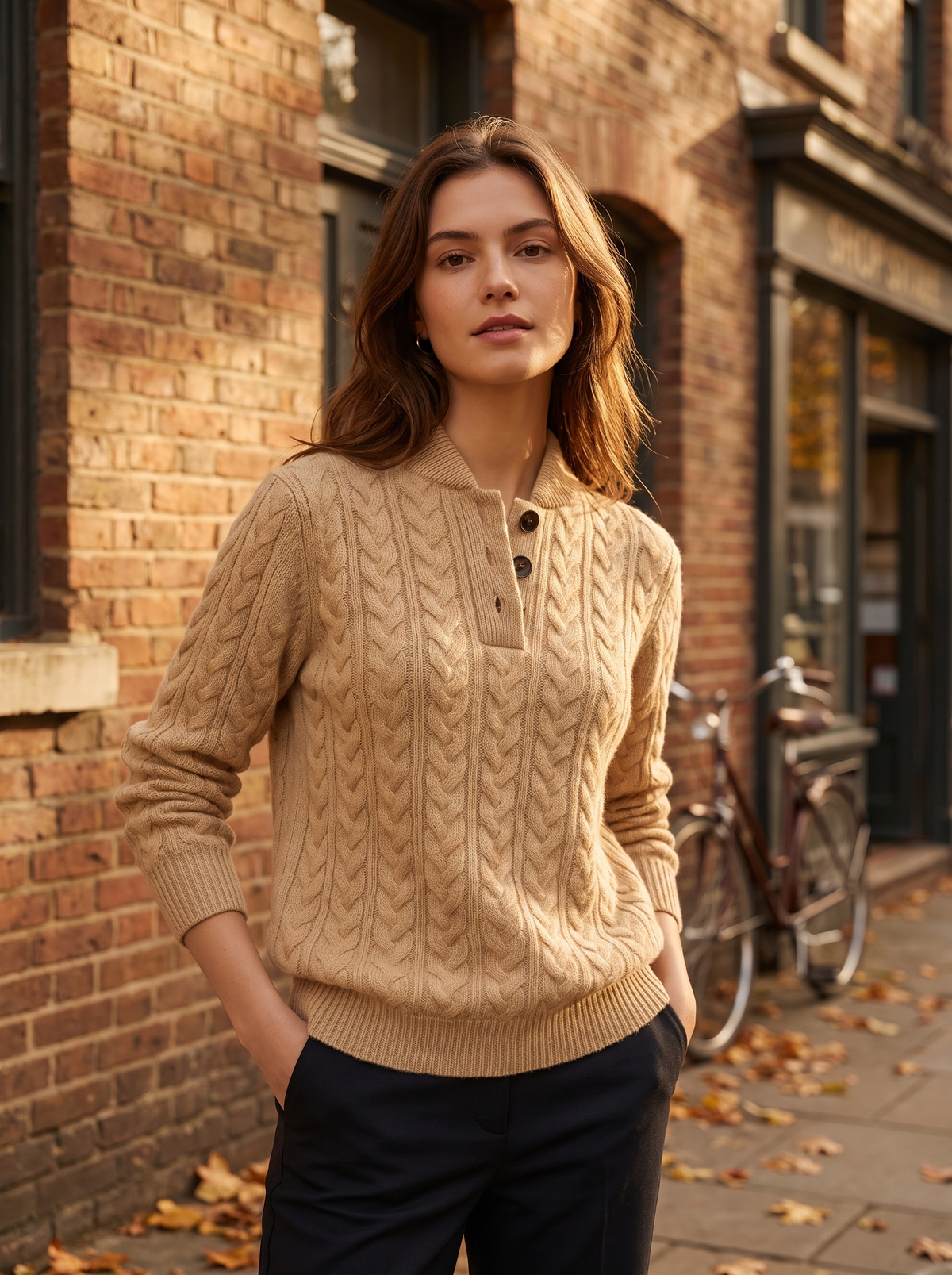 Lavinia khaki cable knit sweater worn by a model against a brick city facade in autumn