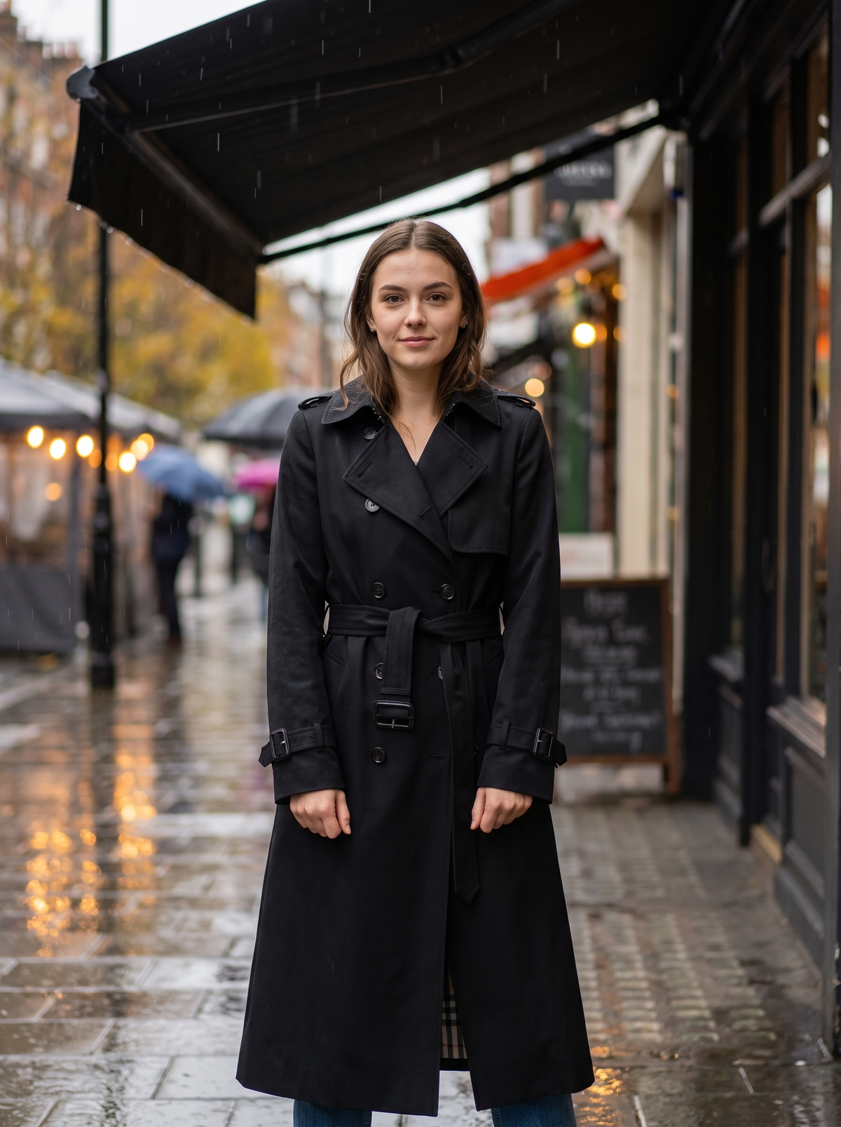 Aveline black double breasted trench coat worn by a model under a shop awning on a rainy street in autumn
