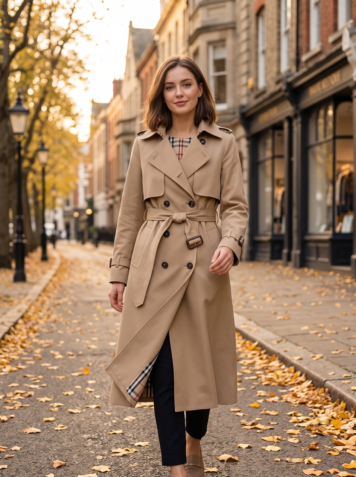 Aveline beige double breasted trench coat worn by a model walking a leafy city street in autumn