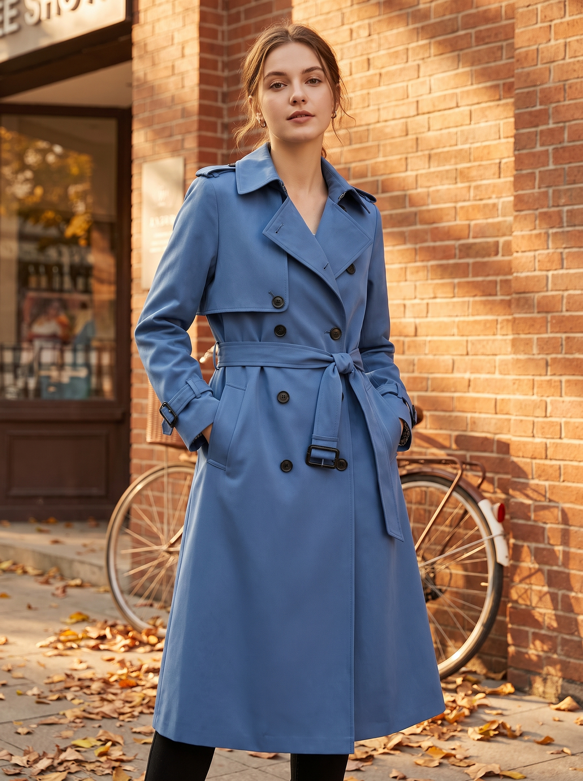 Aveline blue double breasted trench coat worn by a model against a brick city facade in autumn