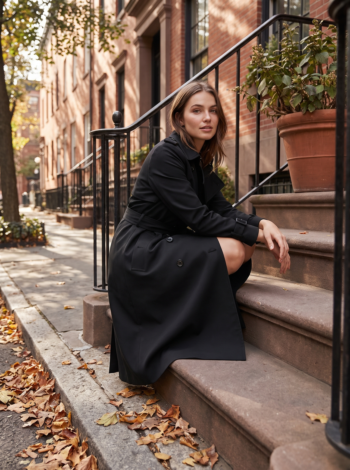 Aveline black double breasted trench coat worn by a model on city townhouse steps in autumn