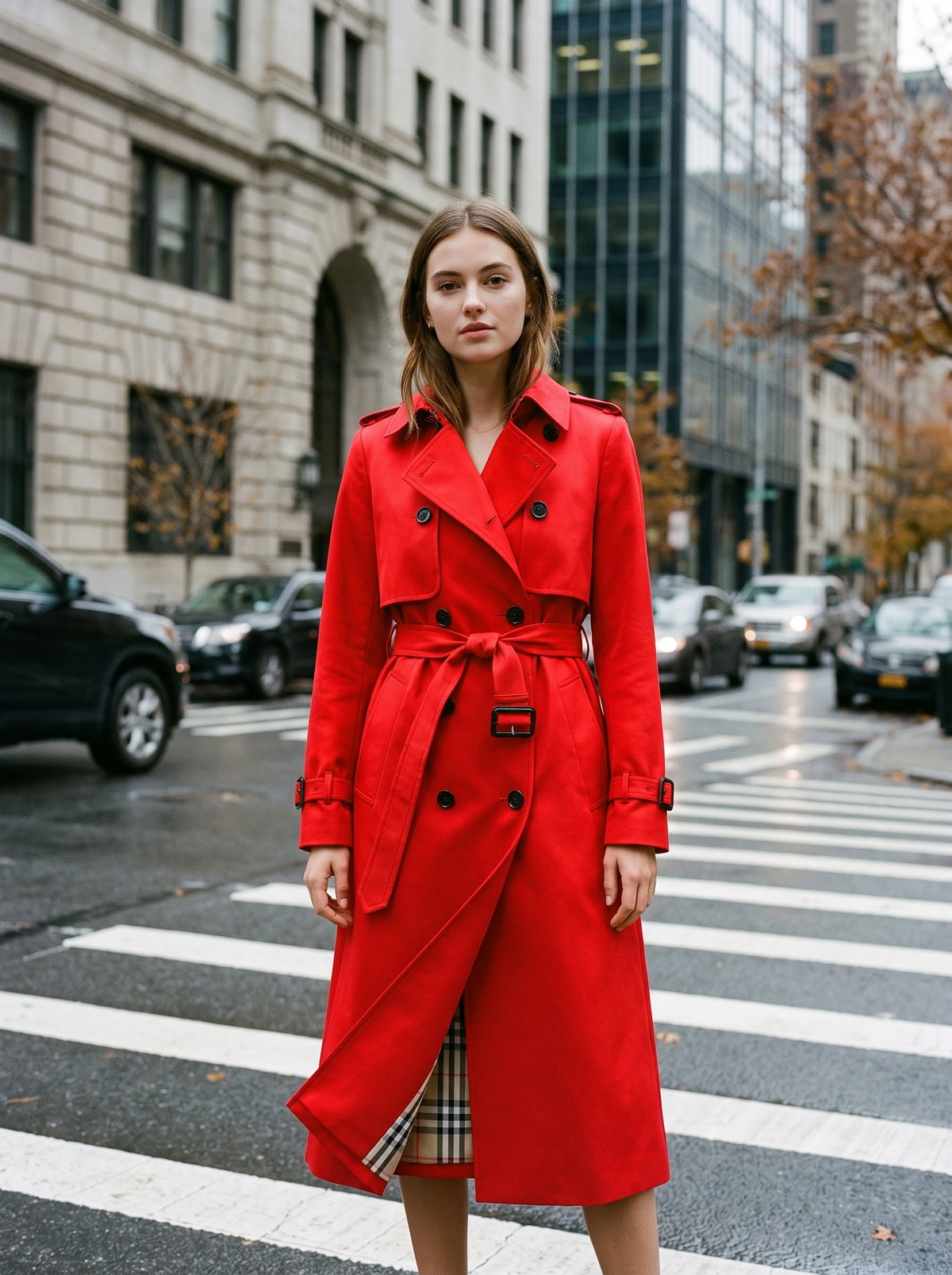 Aveline red double breasted trench coat worn by a model at a city crosswalk in autumn