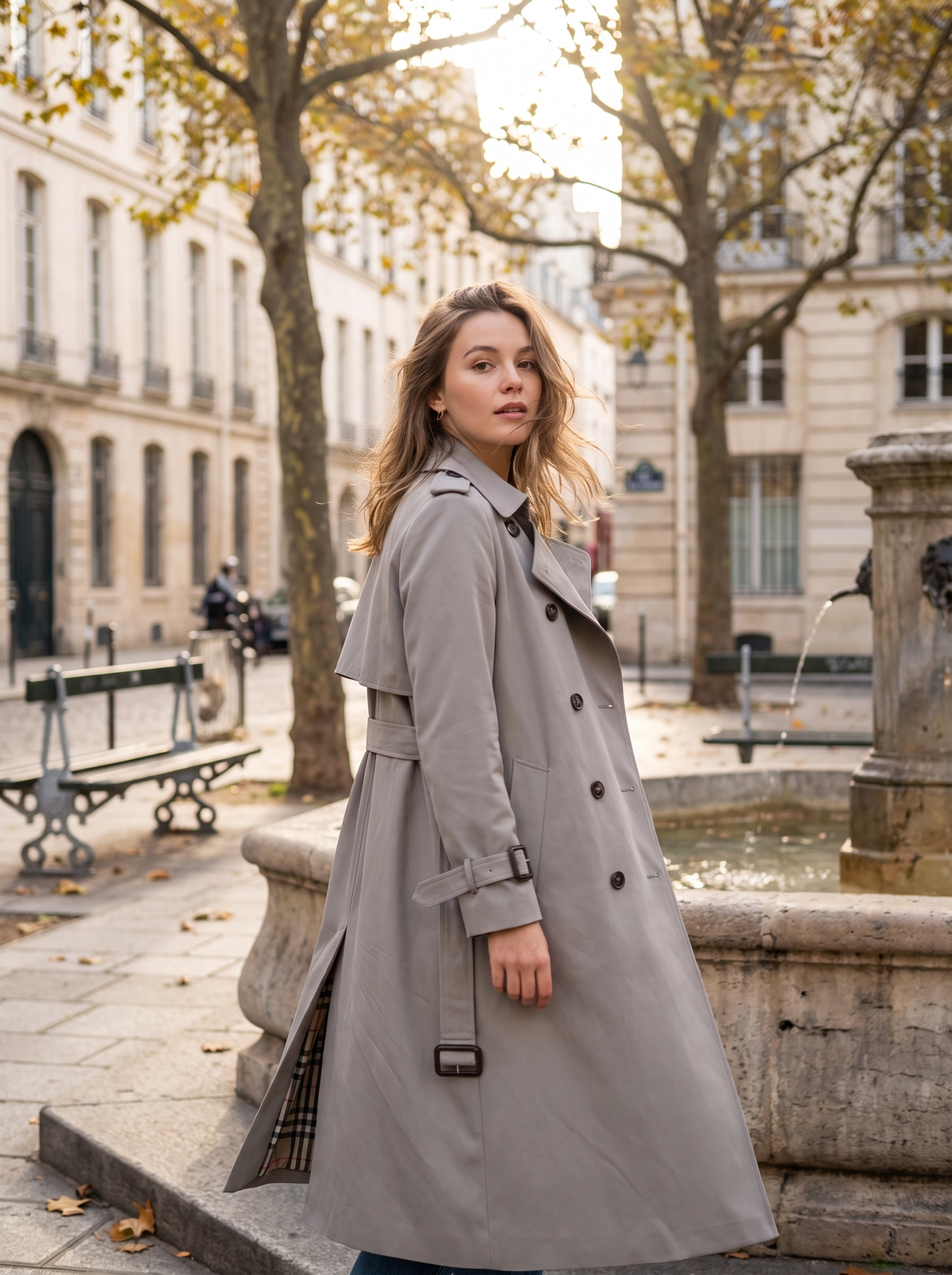 Aveline grey double breasted trench coat worn by a model by a fountain in a city square in autumn