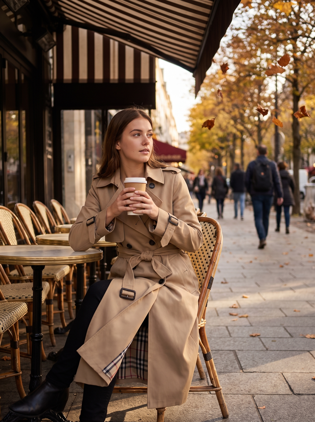 Aveline beige double breasted trench coat worn by a model at an outdoor city cafe in autumn