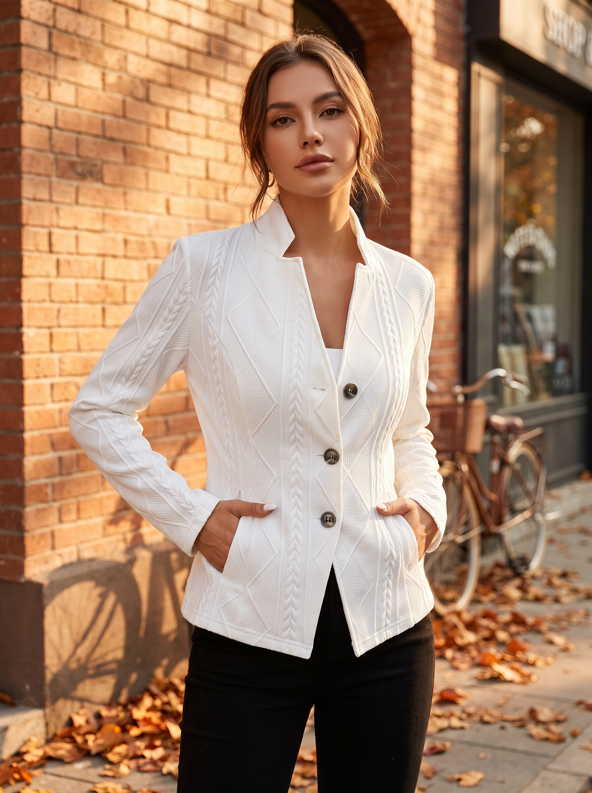 Octavia white cable knit blazer worn by a model against a brick city facade in autumn