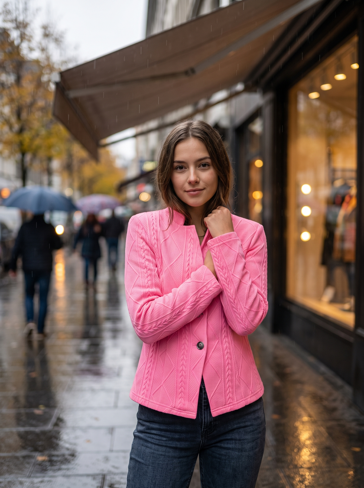 Octavia pink cable knit blazer worn by a model under a shop awning on a rainy street in autumn