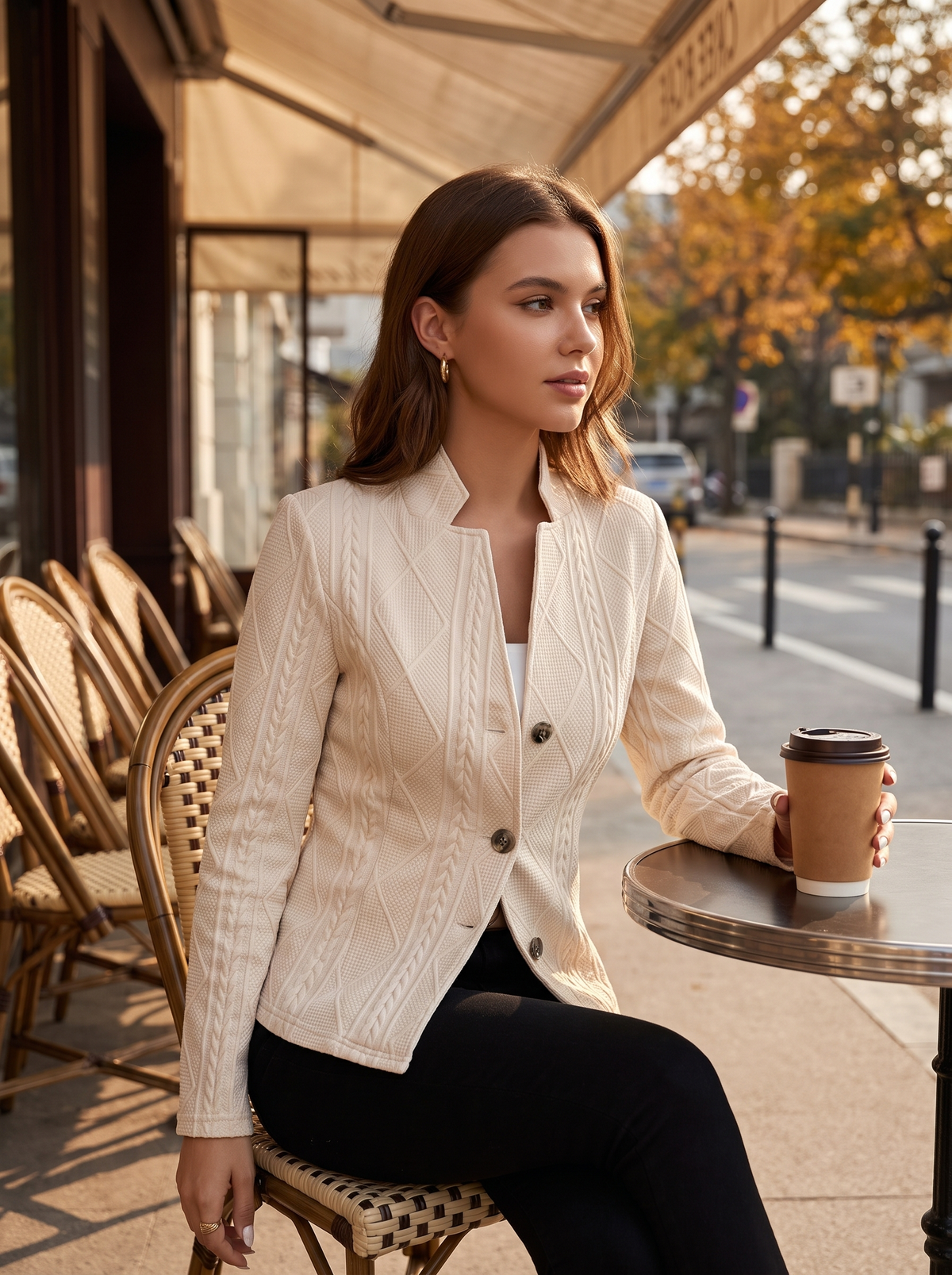 Octavia beige cable knit blazer worn by a model at an outdoor city cafe in autumn