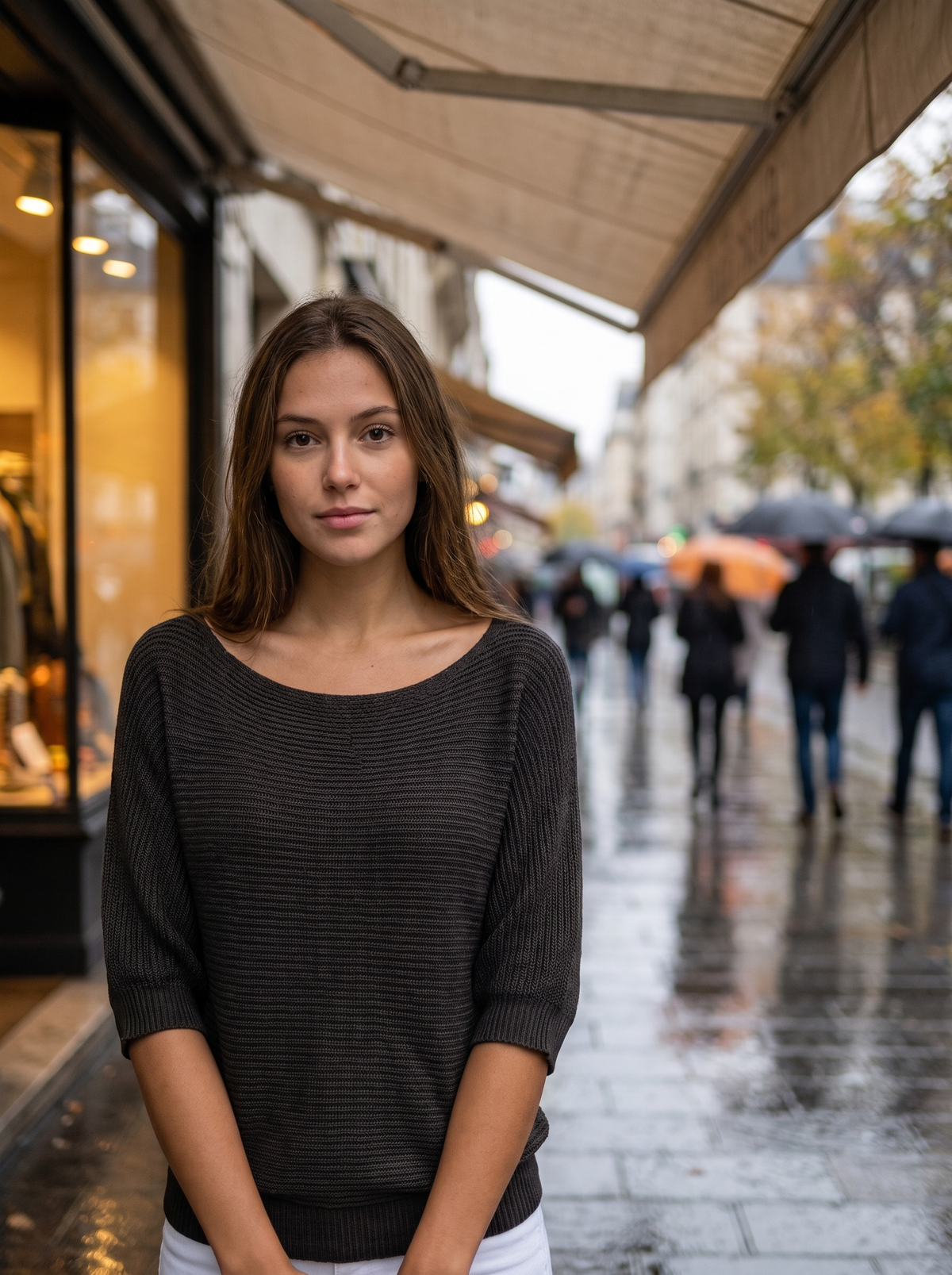 Giselle black three quarter sleeve knit sweater worn by a model under a shop awning on a rainy street in autumn