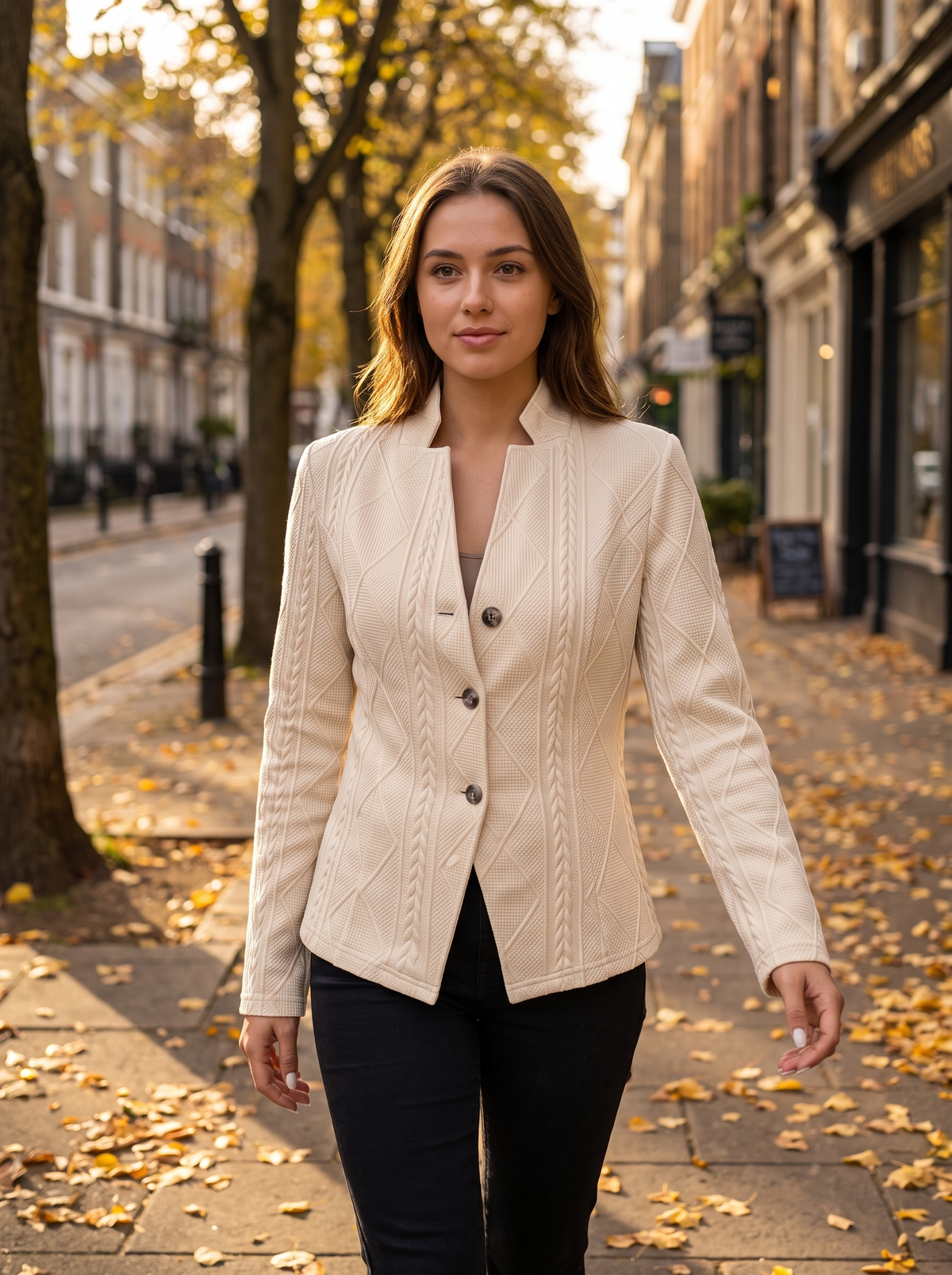 Octavia beige cable knit blazer worn by a model walking a leafy city street in autumn