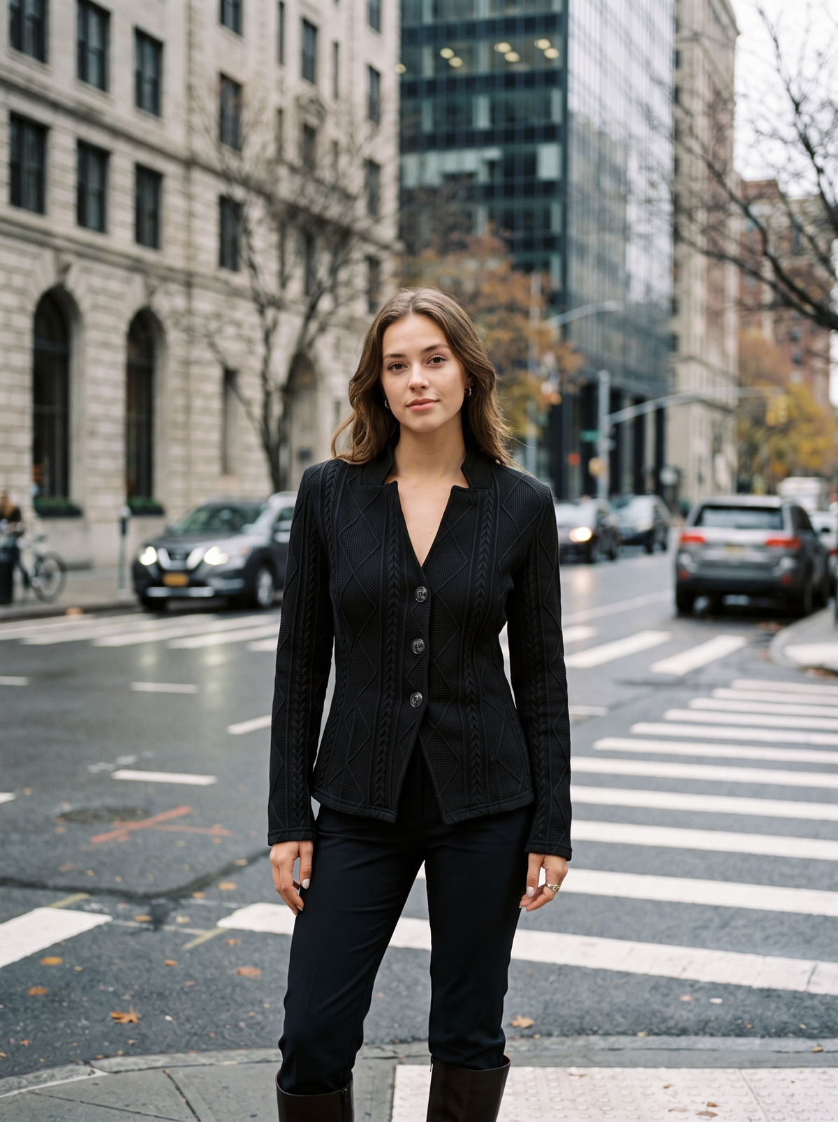 Octavia black cable knit blazer worn by a model at a city crosswalk in autumn