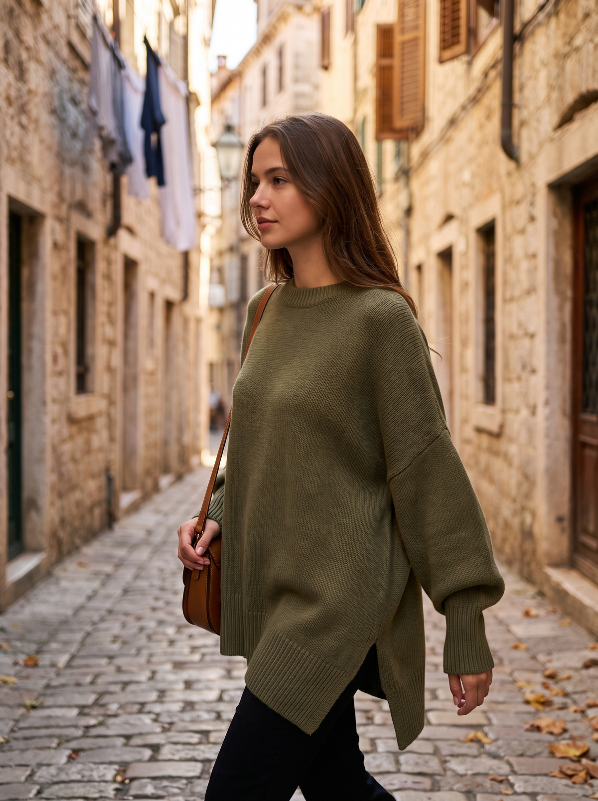 Aurelia olive green merino wool asymmetric sweater worn by a model in a cobbled city lane in autumn