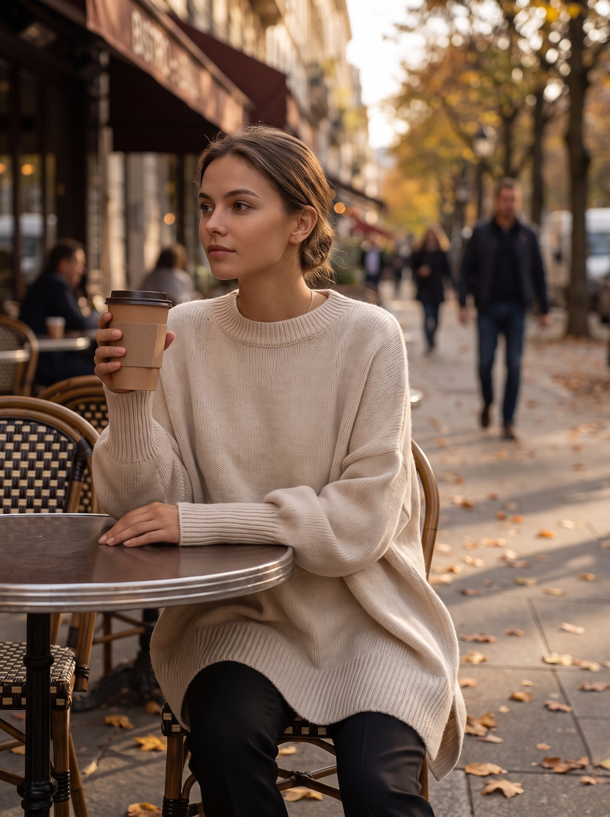 Aurelia beige merino wool asymmetric sweater worn by a model at an outdoor city cafe in autumn