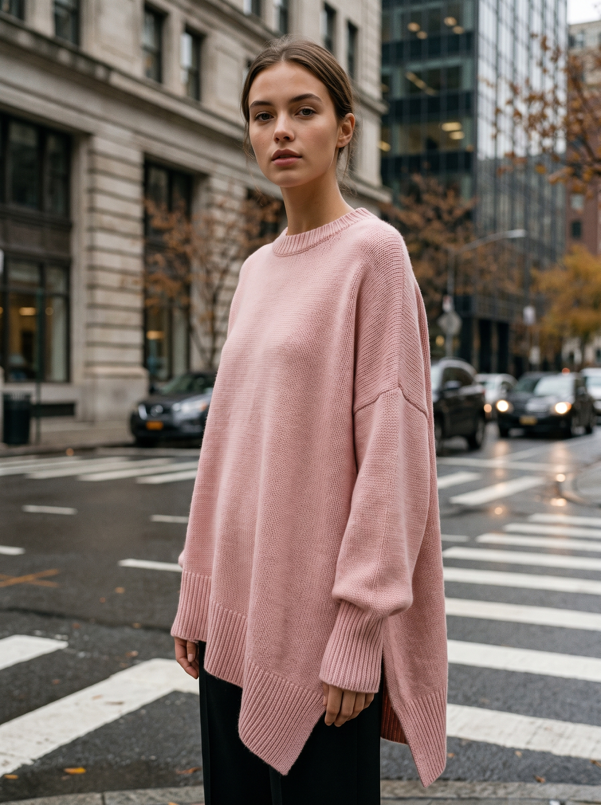 Aurelia pink merino wool asymmetric sweater worn by a model at a city crosswalk in autumn