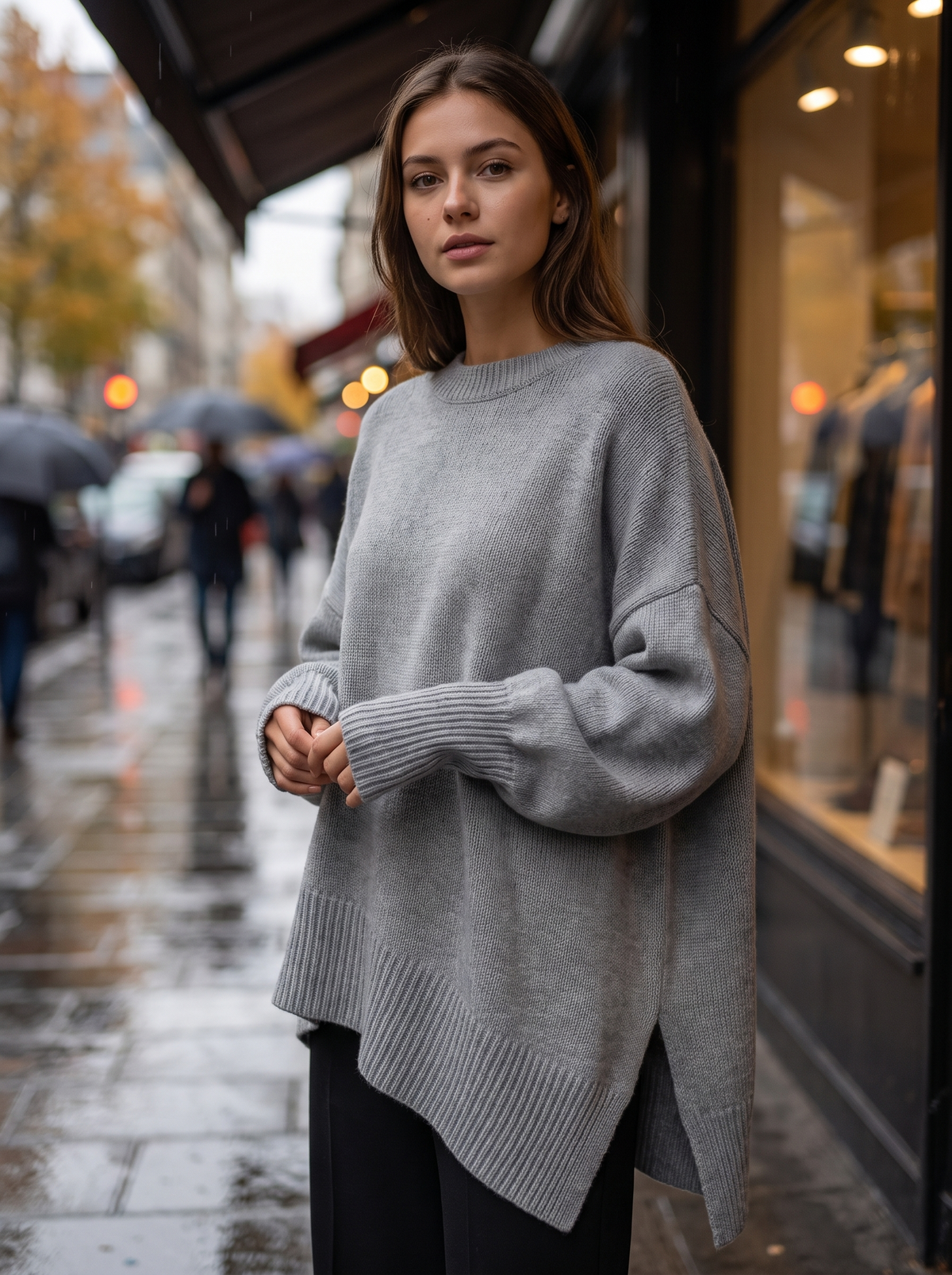 Aurelia grey merino wool asymmetric sweater worn by a model under a shop awning on a rainy street in autumn