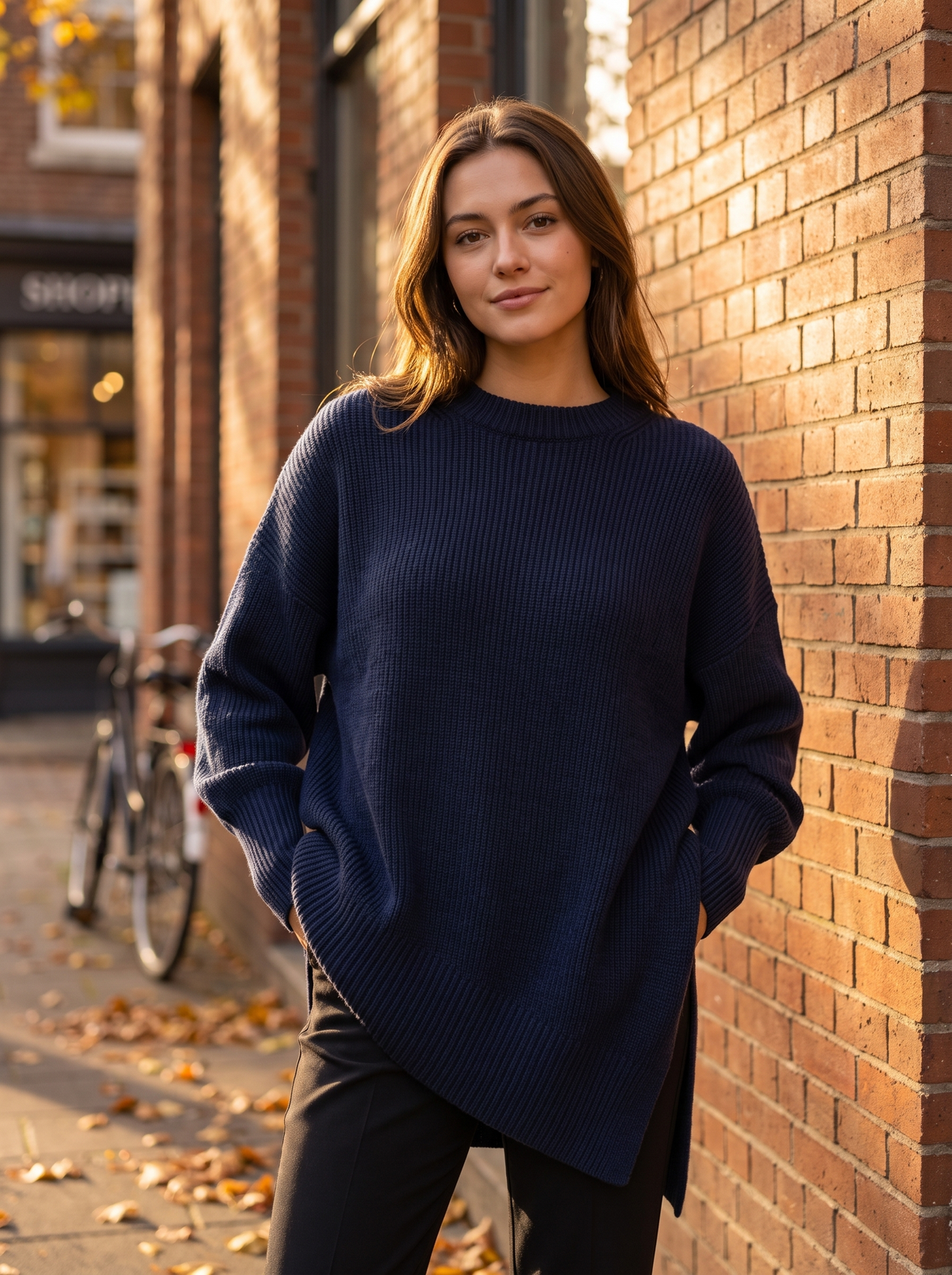 Aurelia navy blue merino wool asymmetric sweater worn by a model against a brick city facade in autumn