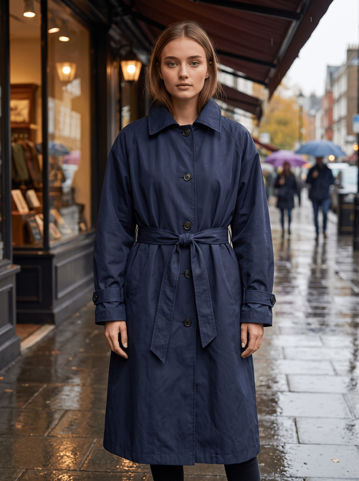 Mirabelle navy blue oversized trench coat worn by a model under a shop awning in the rain in autumn