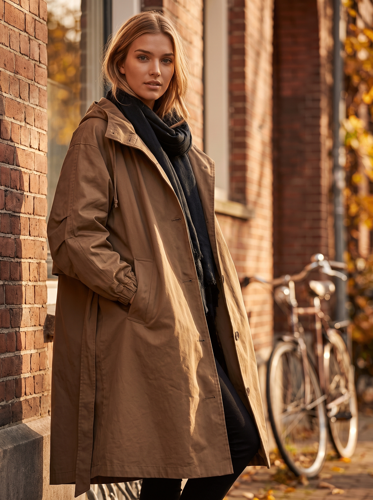 Mirabelle brown oversized trench coat worn by a model against a brick city facade in autumn