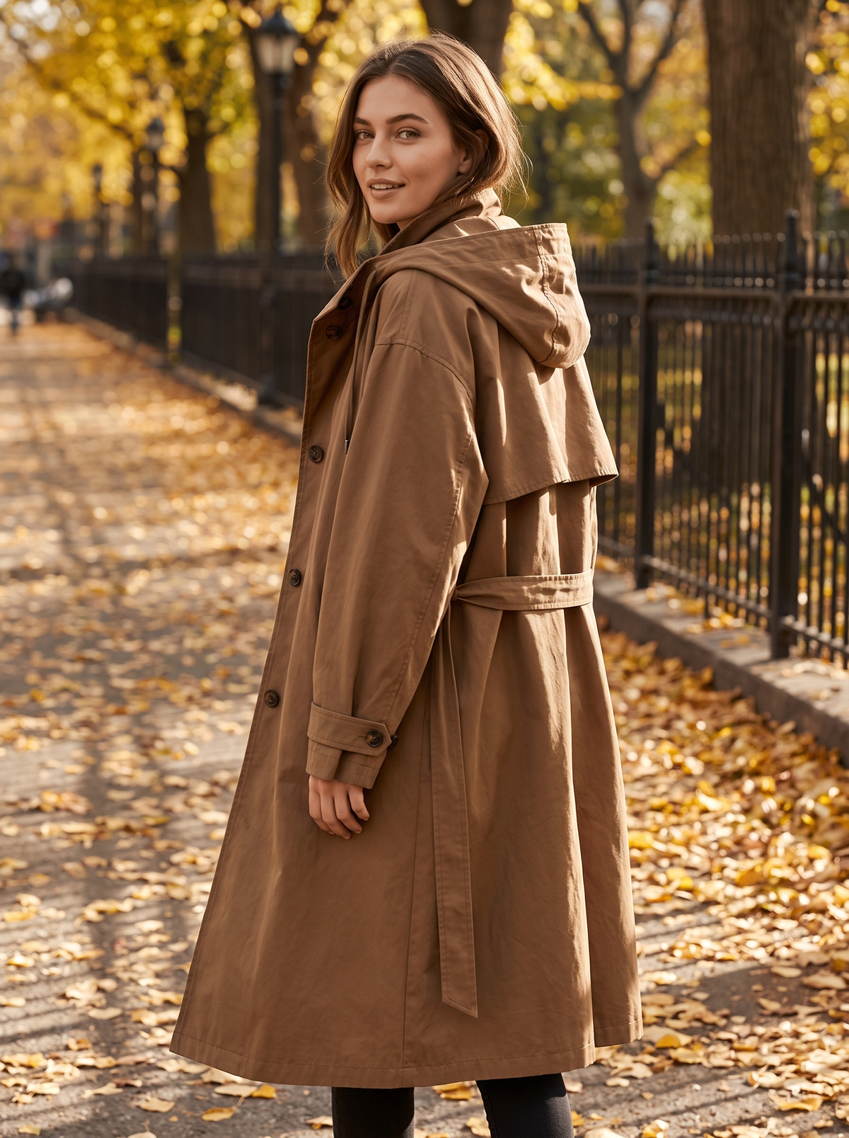Mirabelle brown oversized trench coat worn by a model on an autumn park path in autumn
