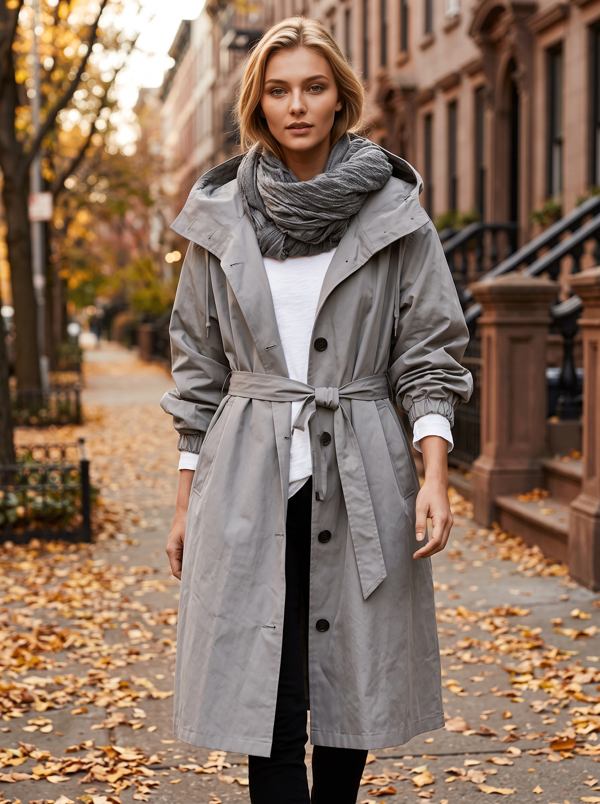 Mirabelle grey oversized trench coat worn by a model walking a leafy city street in autumn
