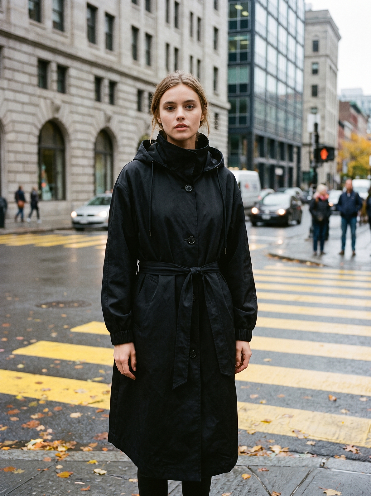 Mirabelle black oversized trench coat worn by a model at a city crosswalk in autumn