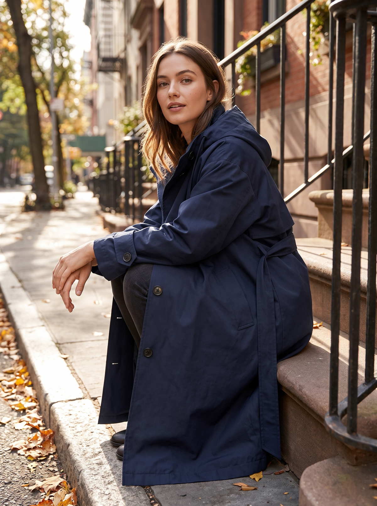 Mirabelle navy blue oversized trench coat worn by a model on city townhouse steps in autumn