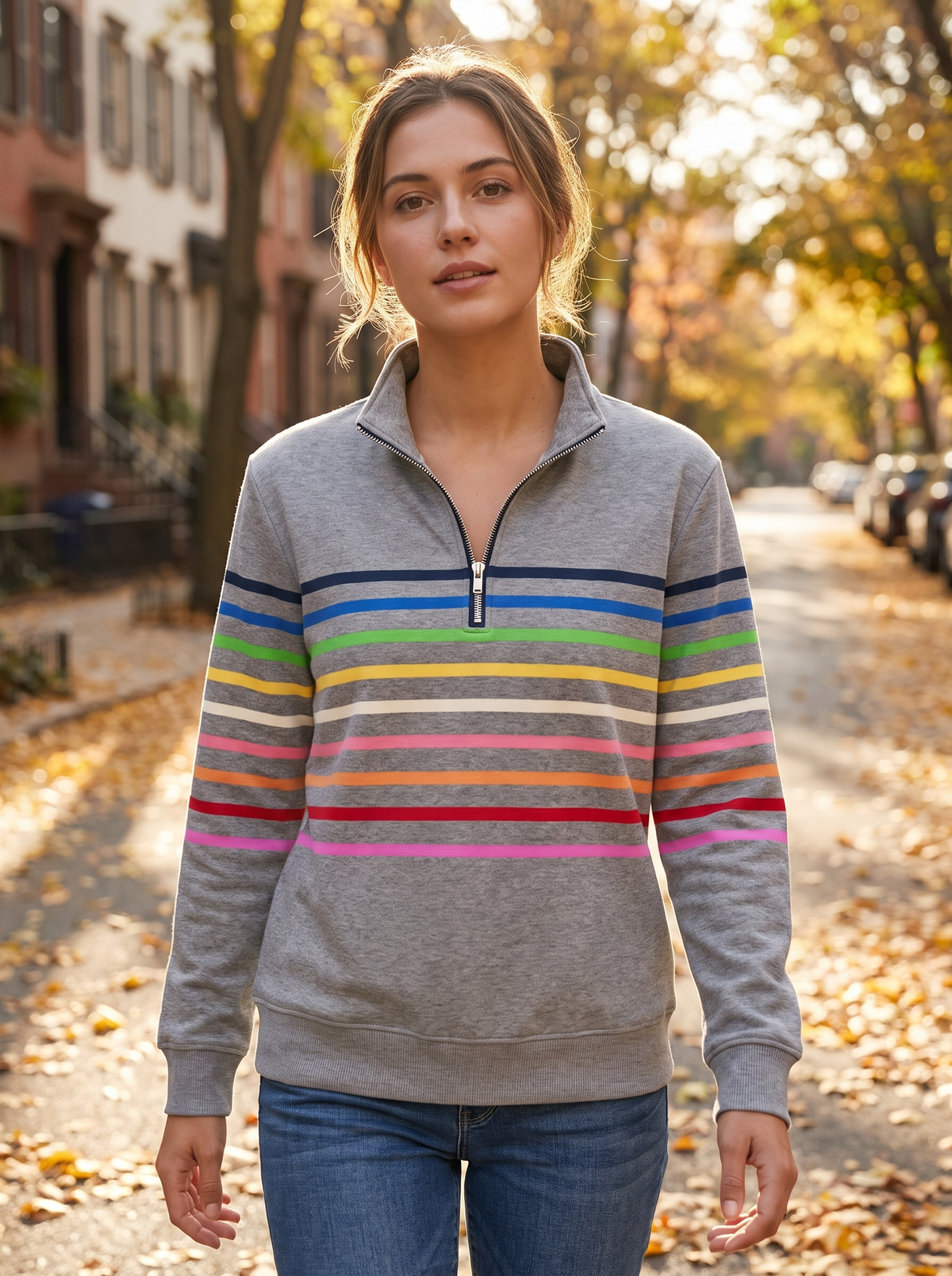 Zephyrine grey striped half zip sweatshirt worn by a model walking a leafy city street in autumn