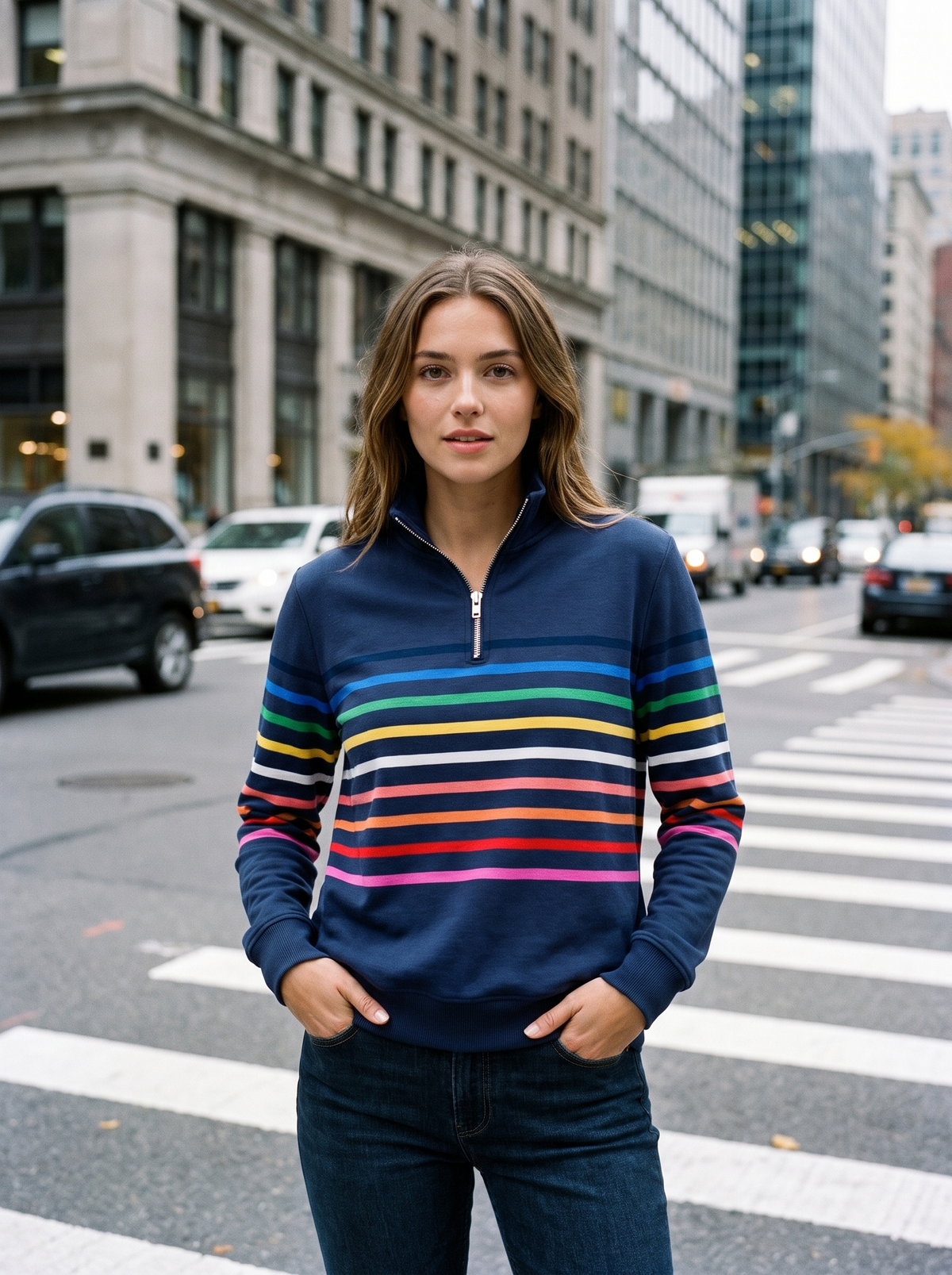 Zephyrine navy blue striped half zip sweatshirt worn by a model at a city crosswalk in autumn