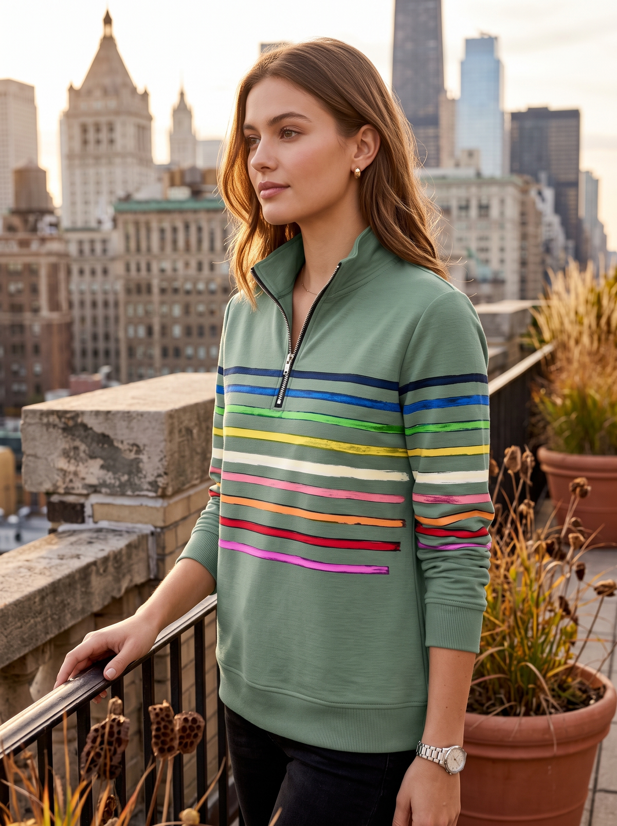Zephyrine green striped half zip sweatshirt worn by a model on a city rooftop terrace in autumn