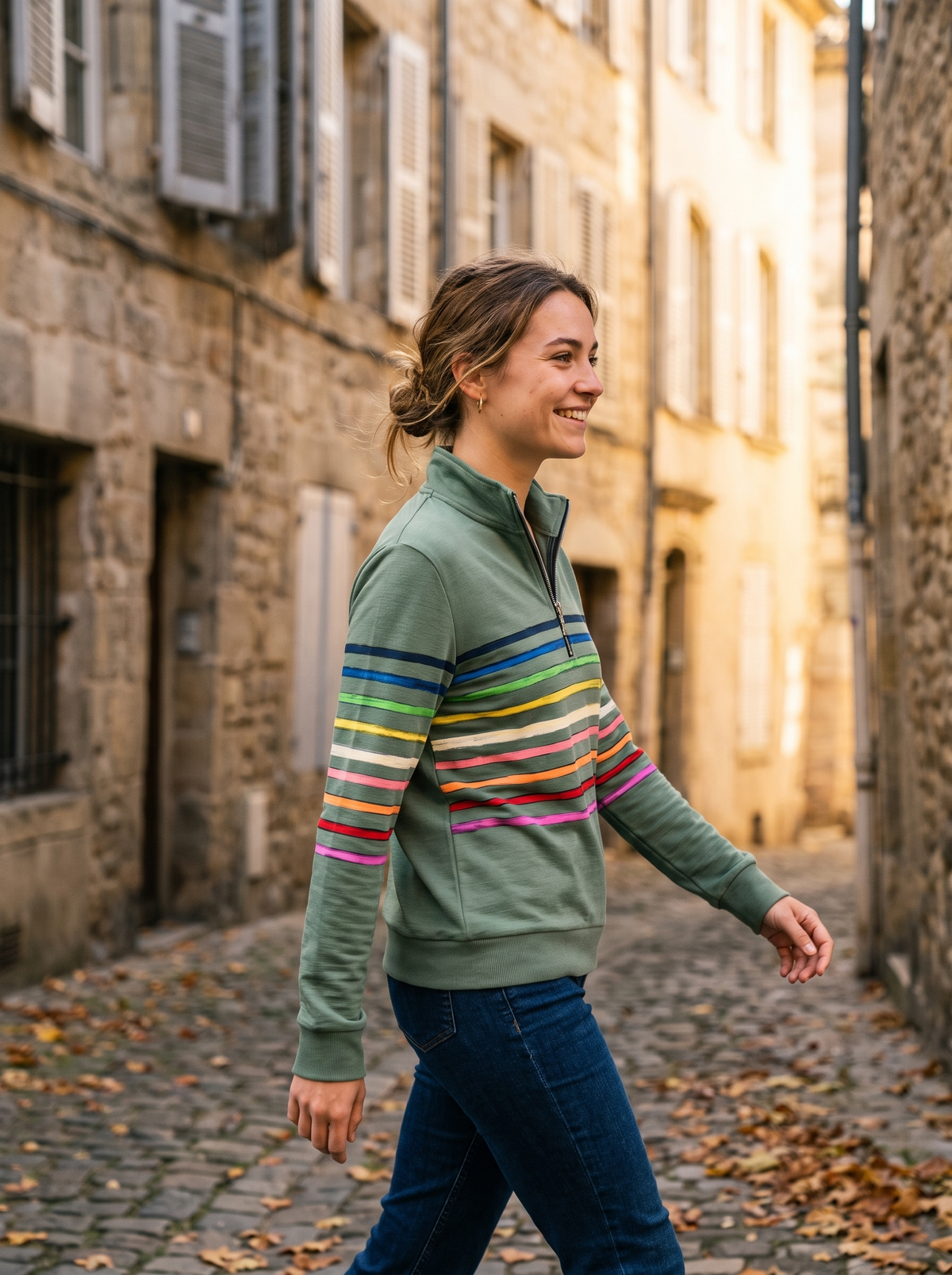 Zephyrine green striped half zip sweatshirt worn by a model in a cobbled city lane in autumn