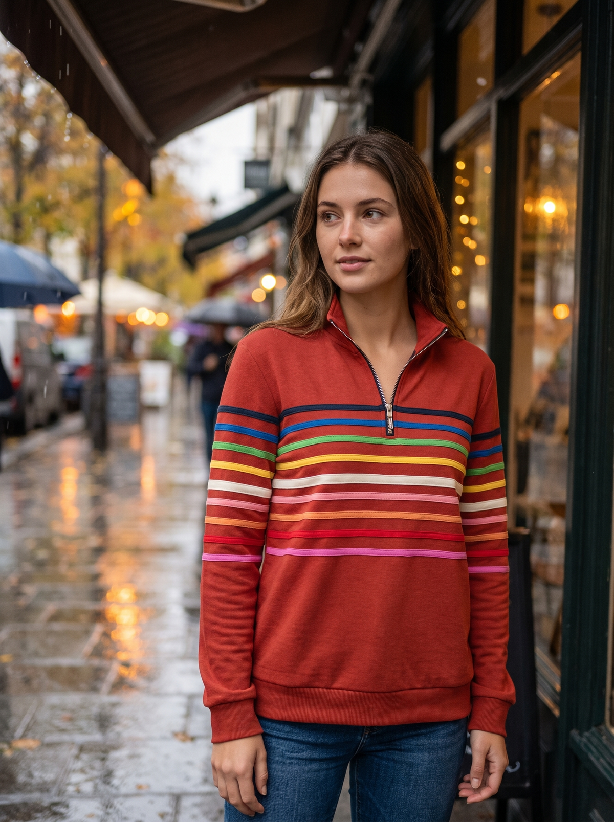 Zephyrine red striped half zip sweatshirt worn by a model under a shop awning in the rain in autumn