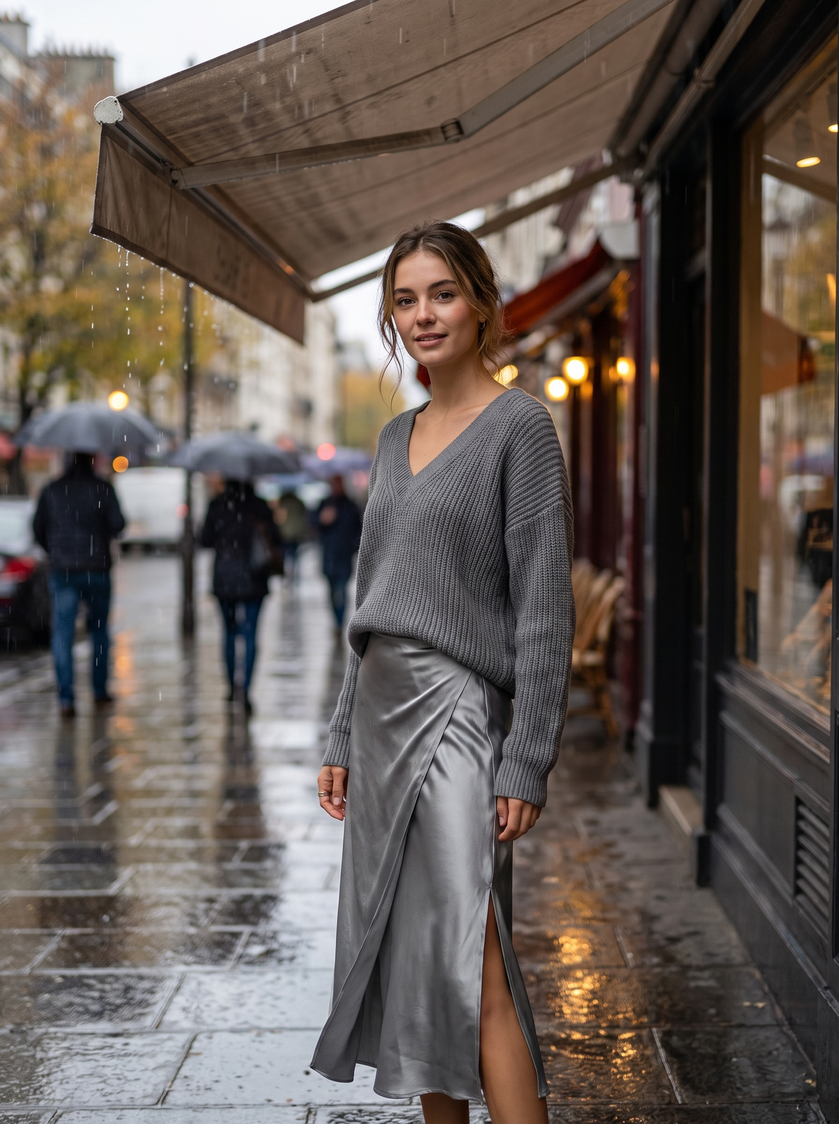 Valentine grey knit sweater and satin skirt set worn by a model under a shop awning in the rain in autumn