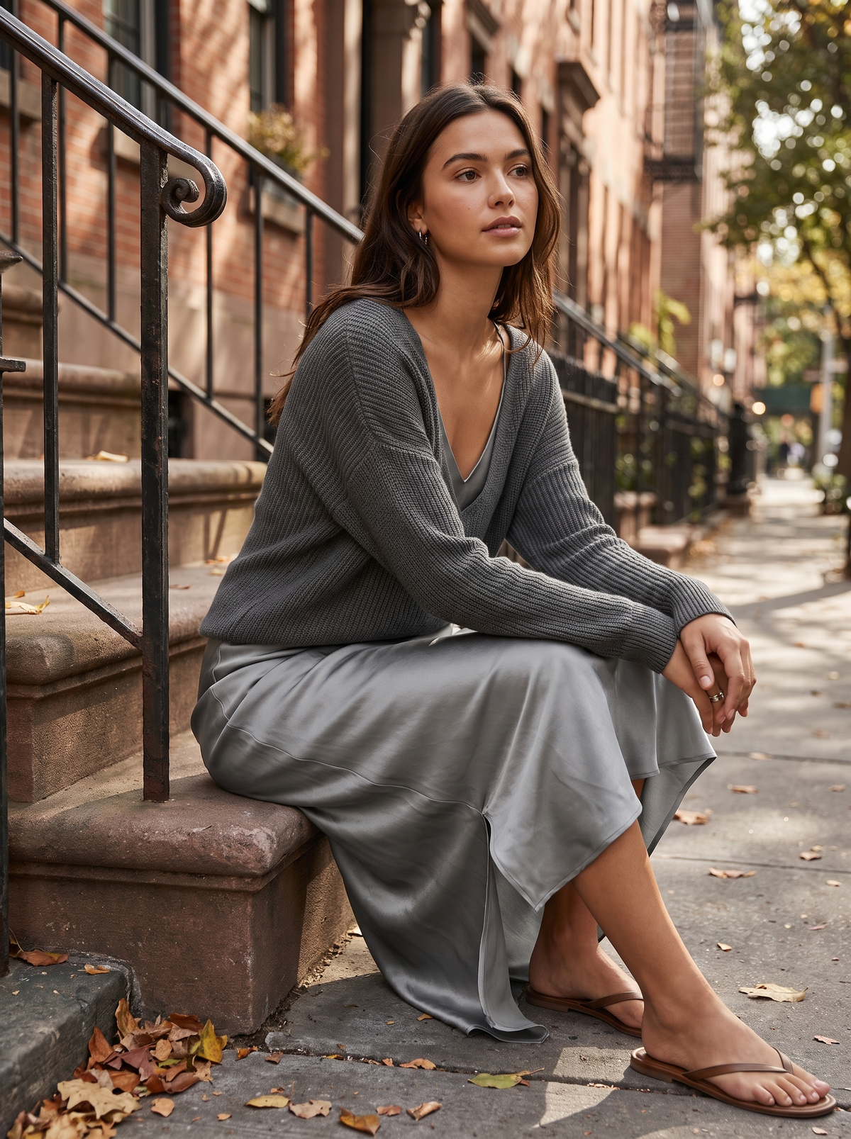 Valentine grey knit sweater and satin skirt set worn by a model on city townhouse steps in autumn