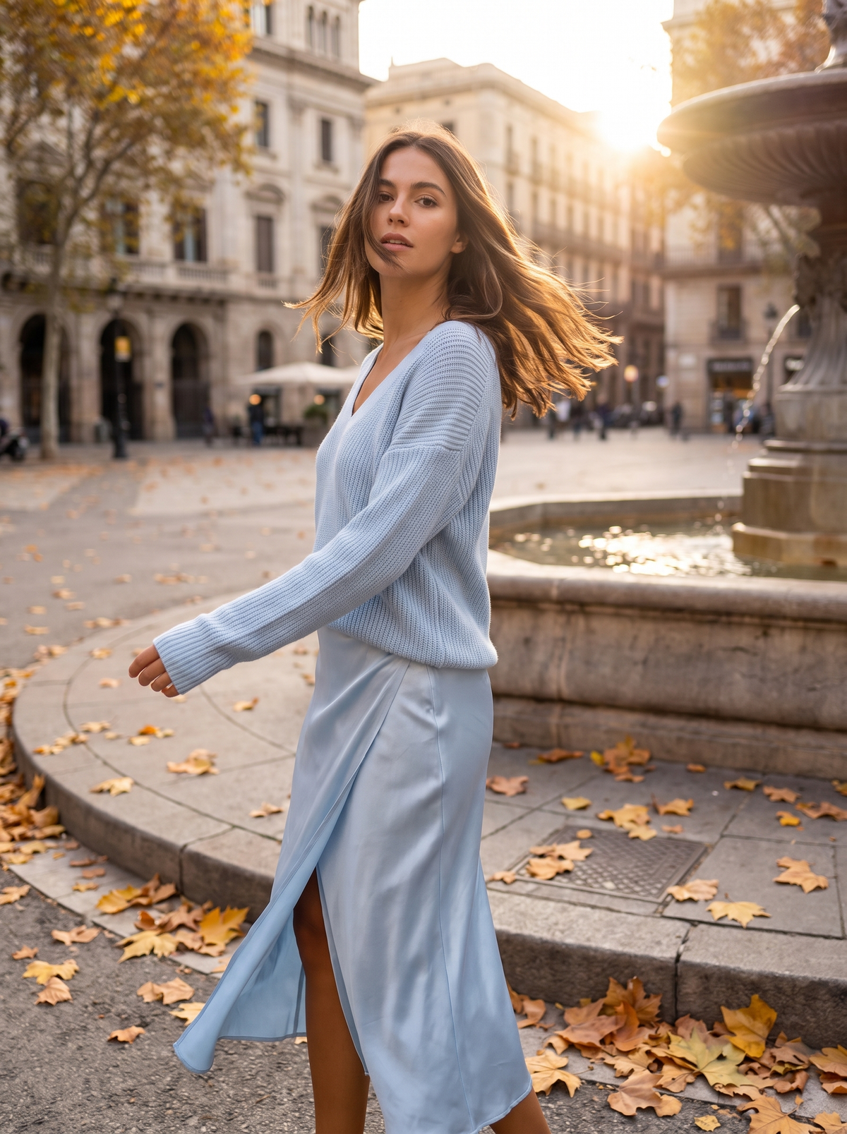 Valentine light blue knit sweater and satin skirt set worn by a model by a fountain in a city square in autumn