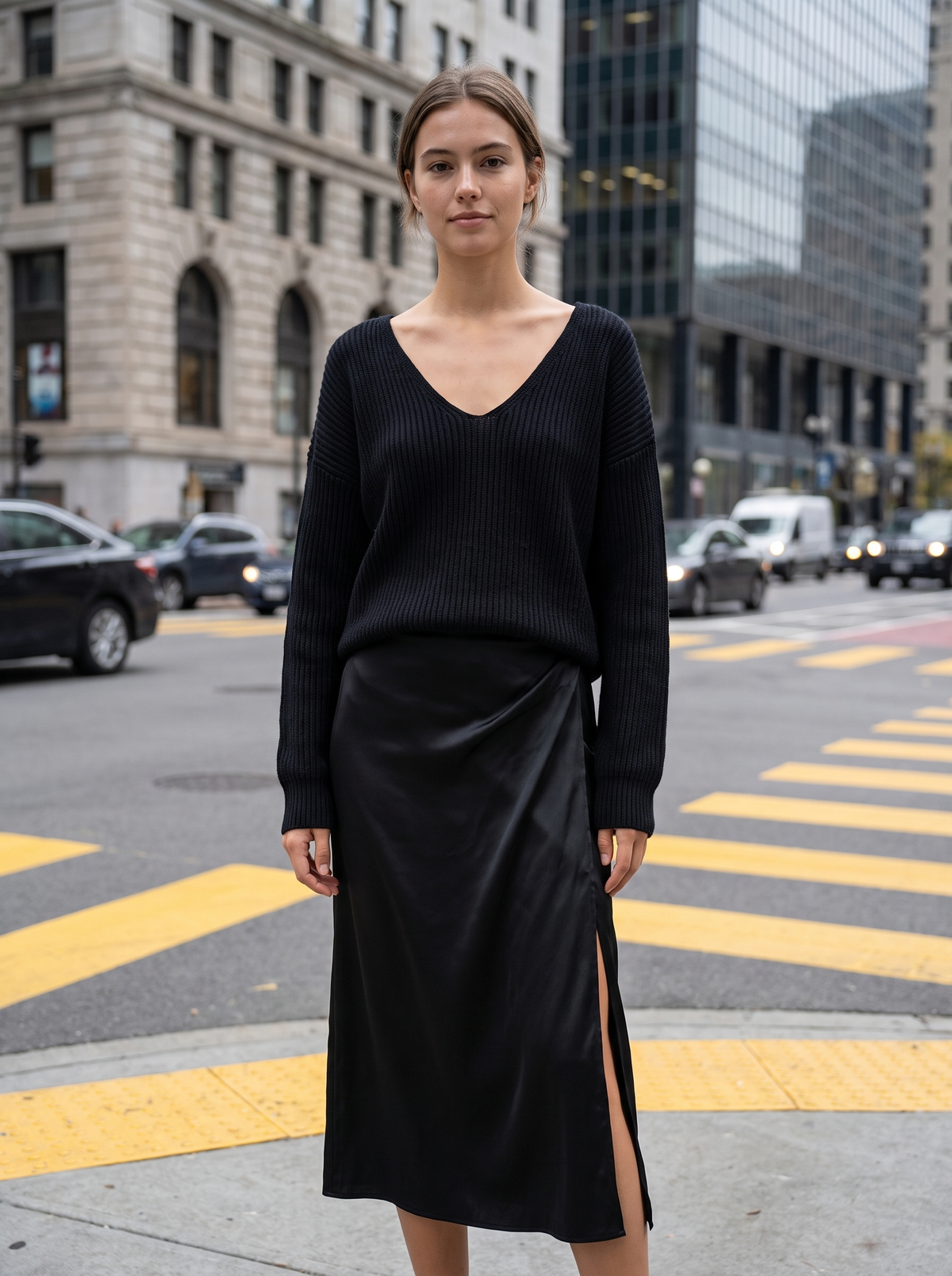 Valentine black knit sweater and satin skirt set worn by a model at a city crosswalk in autumn