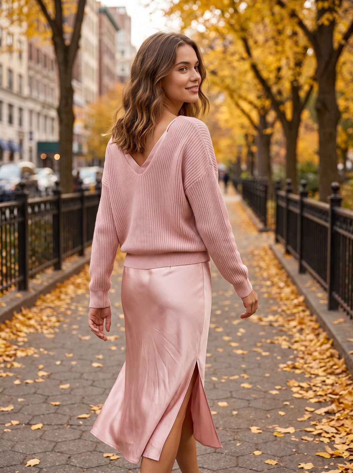 Valentine pink knit sweater and satin skirt set worn by a model on an autumn park path in autumn