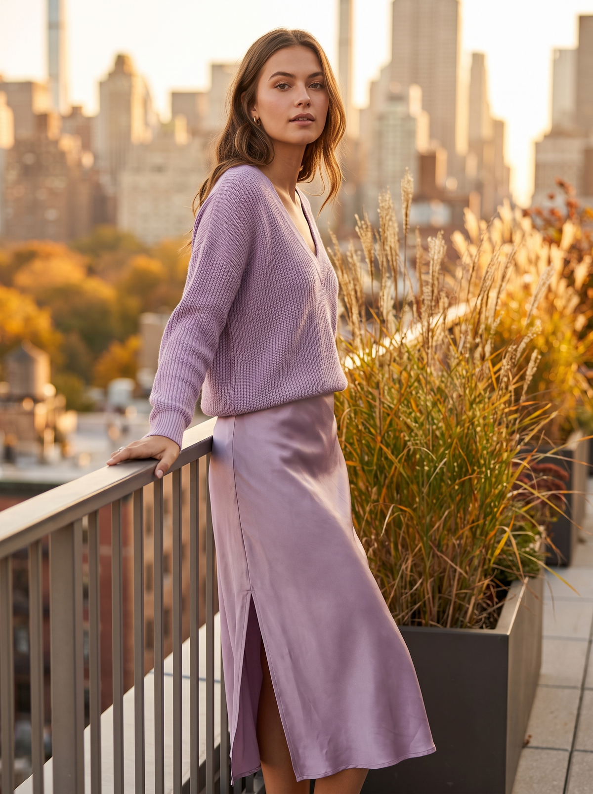 Valentine lilac knit sweater and satin skirt set worn by a model on a city rooftop terrace in autumn