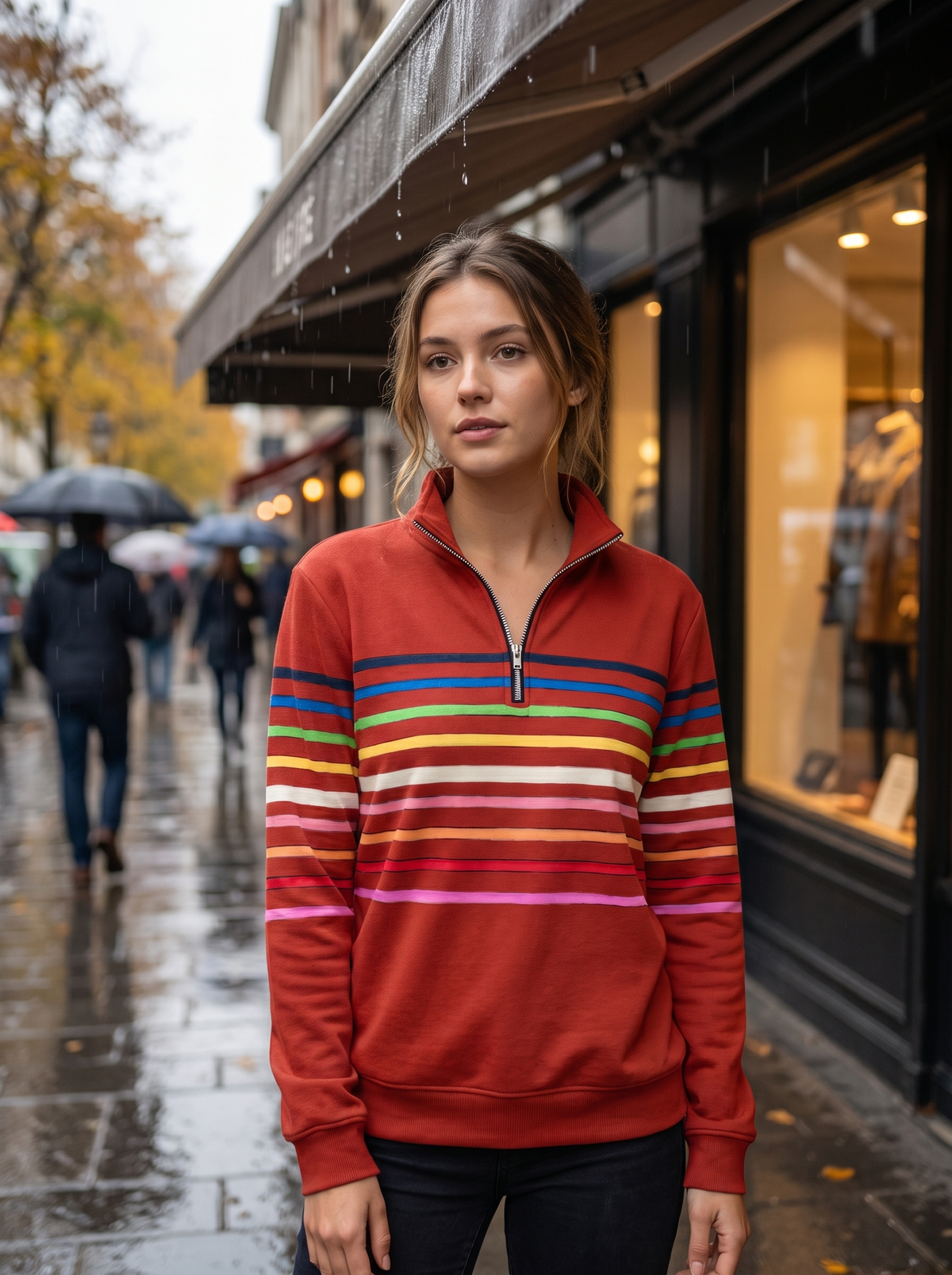 Thomasine red half zip sweatshirt worn by a model under a shop awning in the rain in autumn