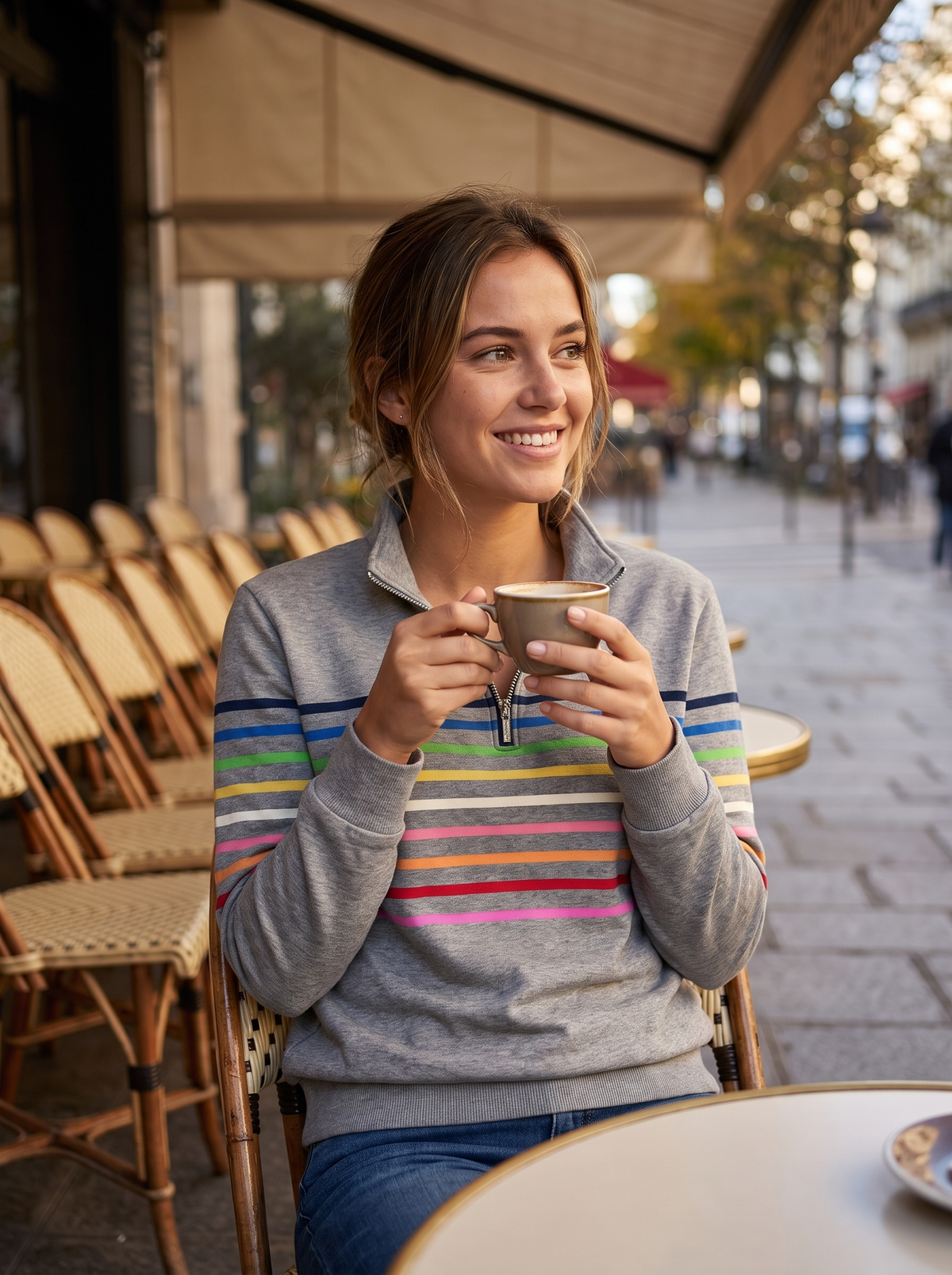 Thomasine grey half zip sweatshirt worn by a model at an outdoor city cafe in autumn