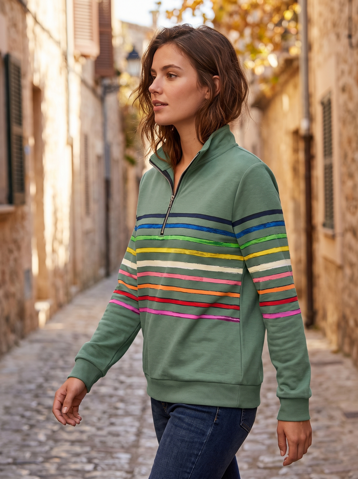 Thomasine green half zip sweatshirt worn by a model in a cobbled city lane in autumn