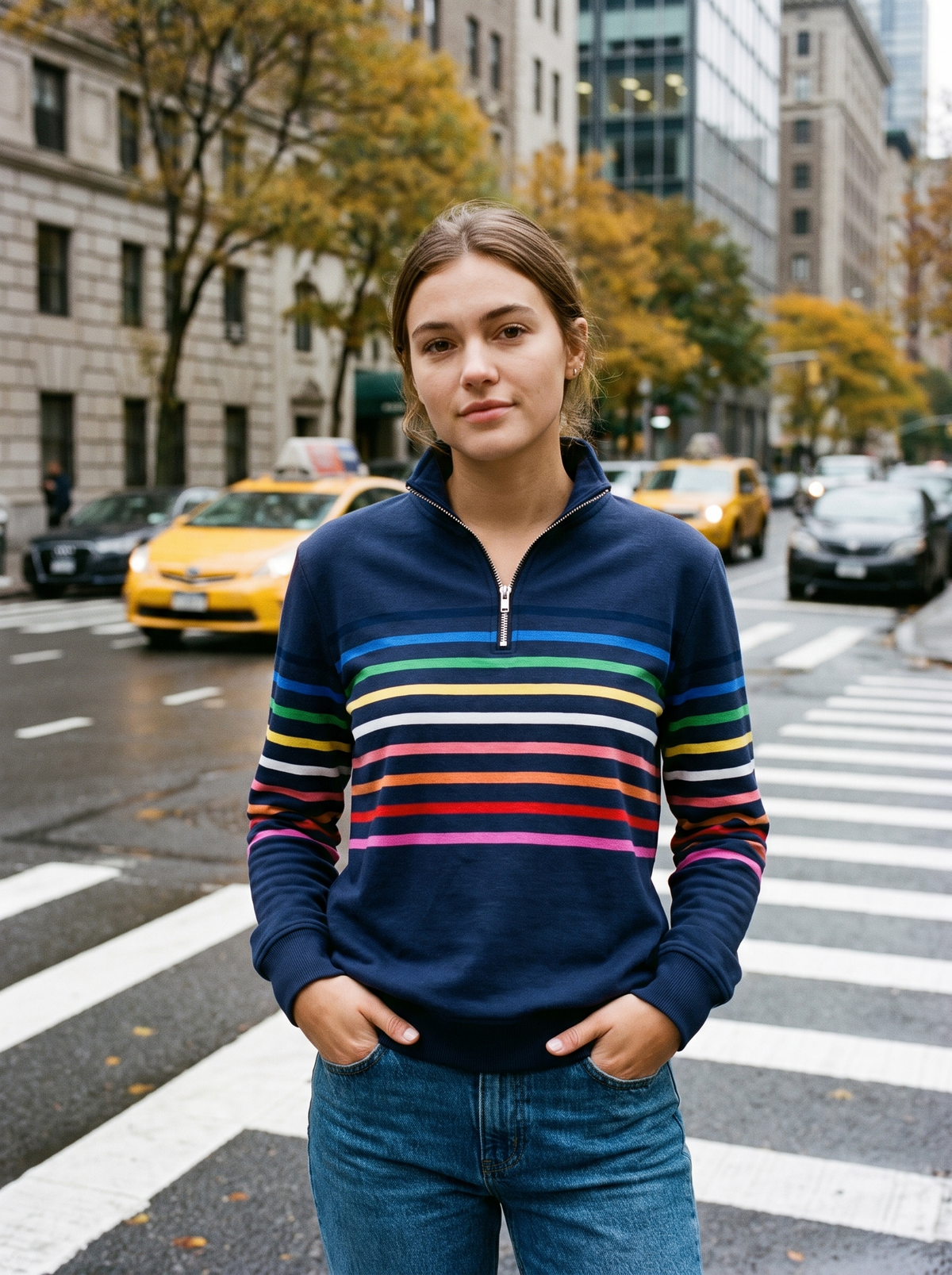 Thomasine navy blue half zip sweatshirt worn by a model at a city crosswalk in autumn